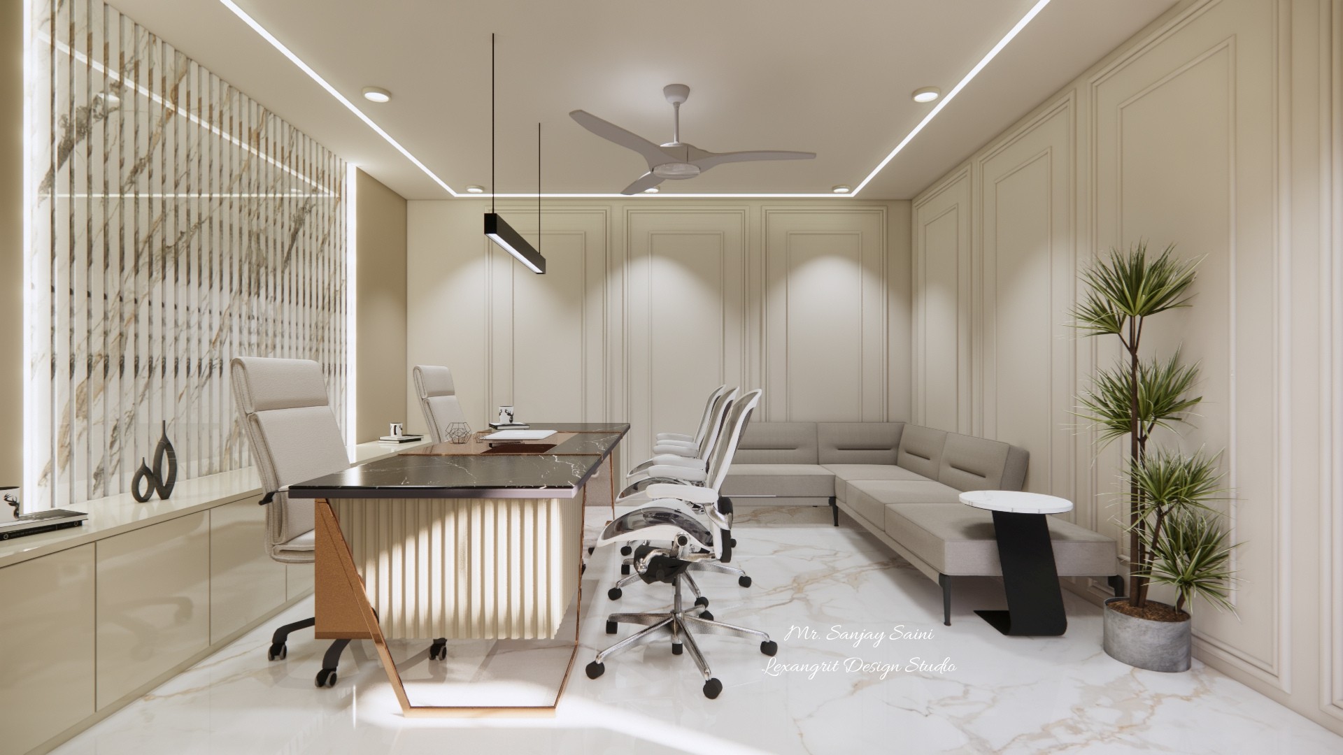 Modern office meeting lounge with a dark conference table, white chairs, cream sectional sofa, veined marble wall, and potted plant.