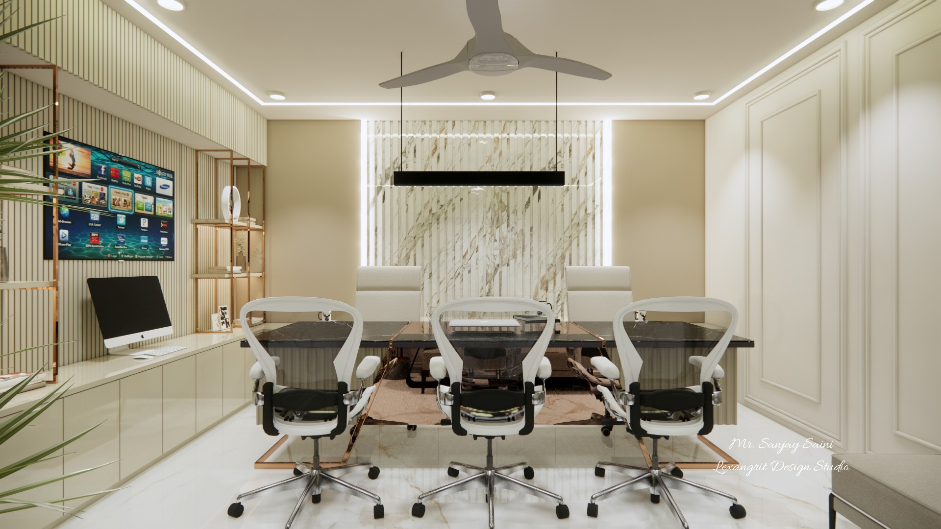 Modern office meeting room with white swivel chairs, dark glass conference table, veined marble feature wall, and vertical wood slats.