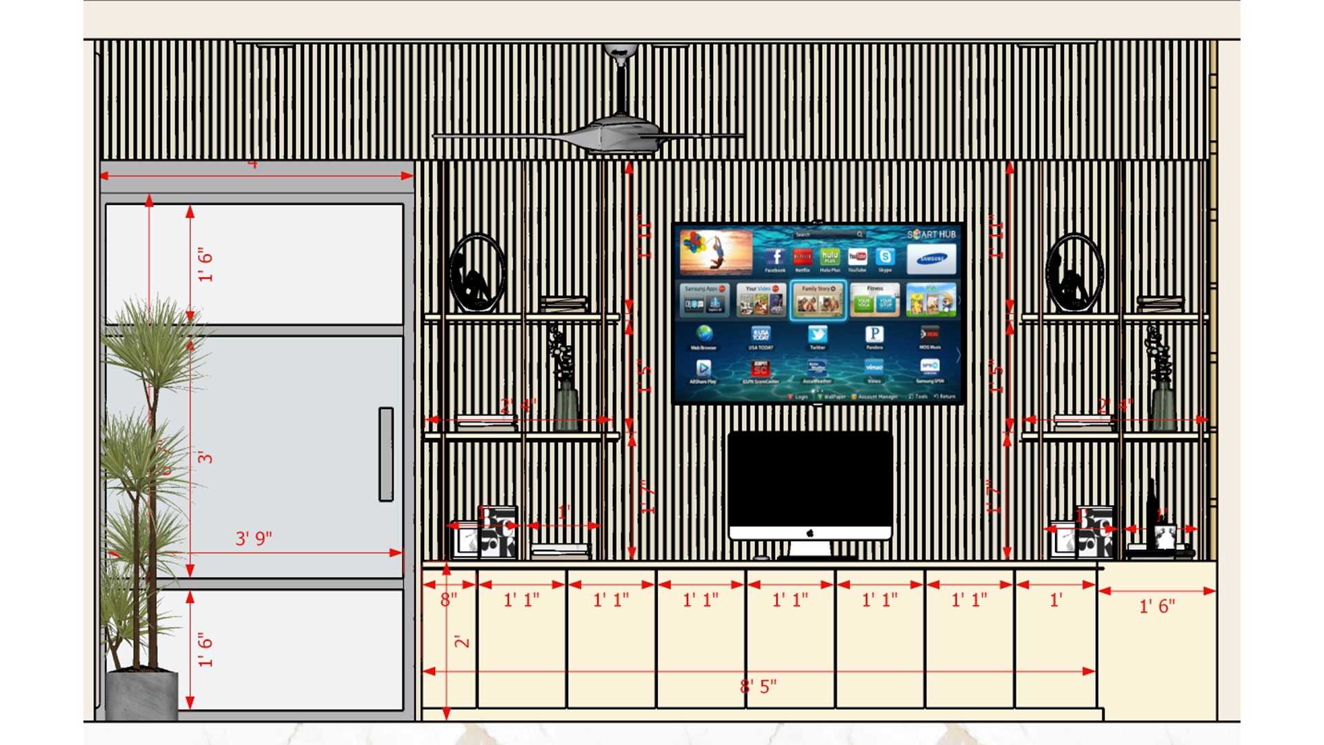 Office media wall elevation with vertical wood slats, large screen, long cream base cabinets, side display shelves, and plant.