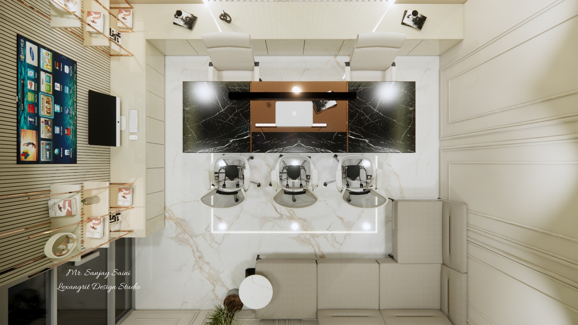 Office meeting room view with black marble conference table, three white swivel chairs, stone flooring, and wood slat shelving.