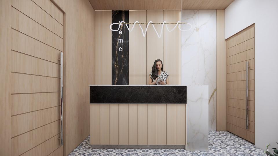 Modern real estate office reception area with Korean-theme wooden wall design, marble-finish desk, designer tile flooring and strategically placed lighting.