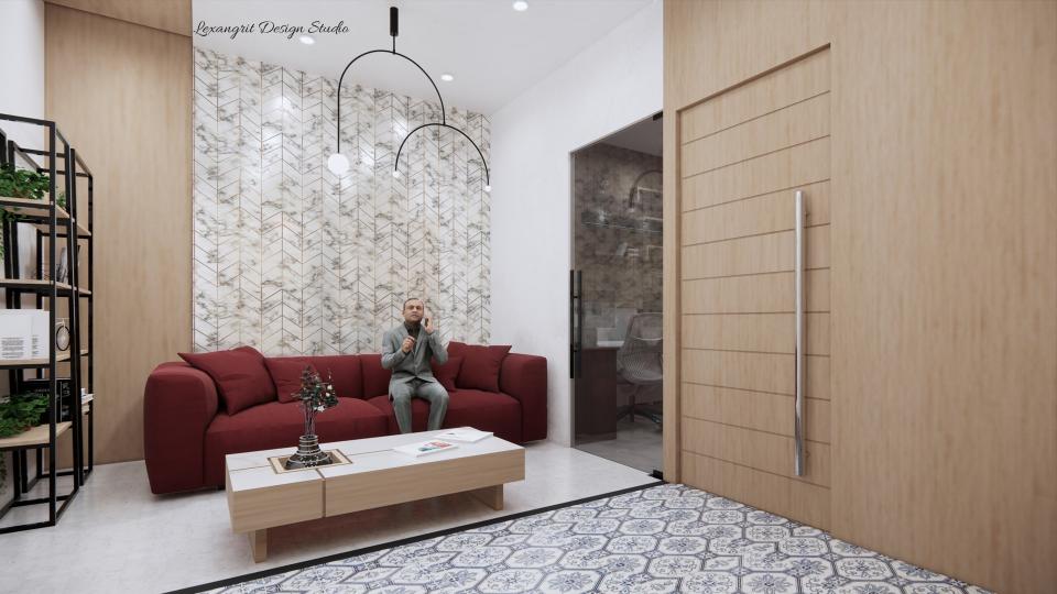 Waiting lounge with employee cabin entrance design