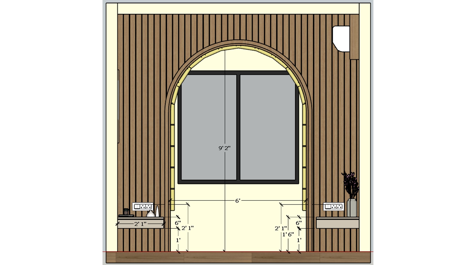 Front view of a master bed beneath an arched timber feature wall with paired bedside pendants and ceiling fan.