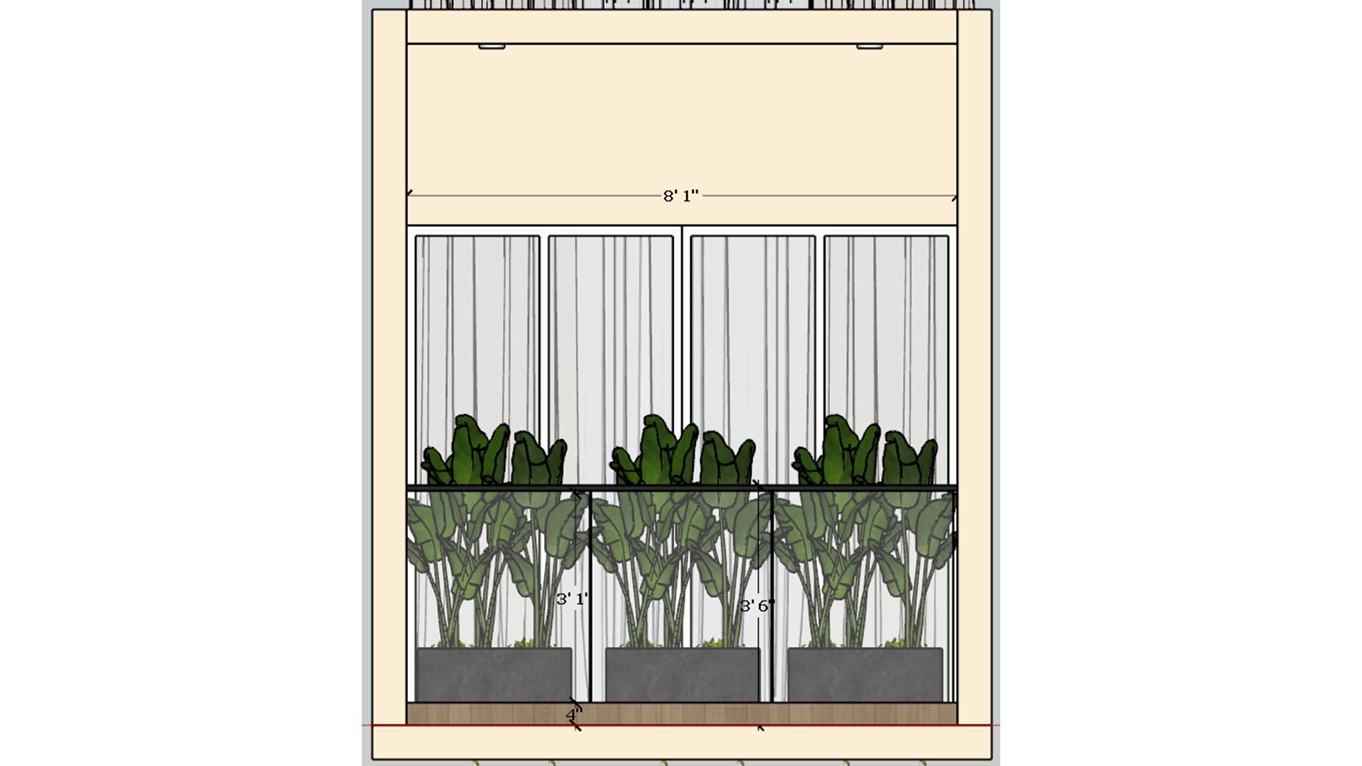 Balcony elevation drawing shows three planter boxes beneath tall divided glazing and a simple ledge.