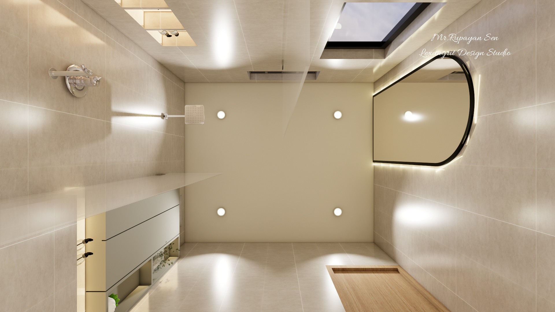 Upward bathroom ceiling view with a large curved mirror, recessed lights, shower fitting, and pale tiled walls.