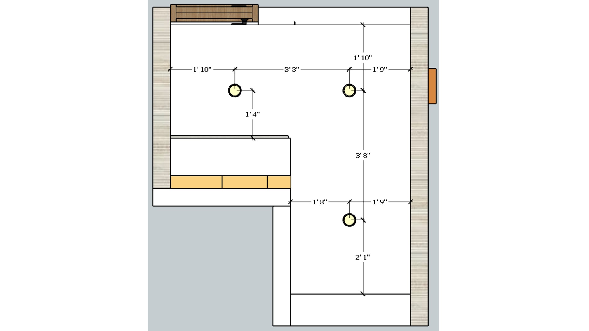 Dimensioned bathroom lighting plan marks three light points around the vanity and shower area.