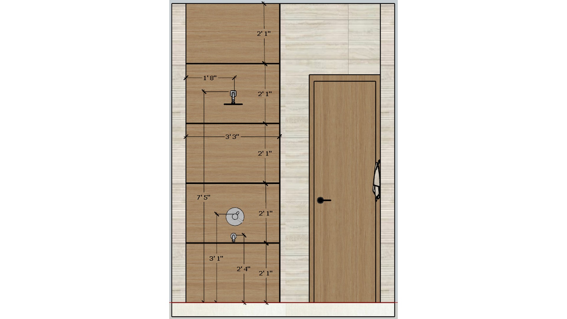 Bathroom elevation drawing details a wood shower panel, tiled wall, and a full-height door opening.