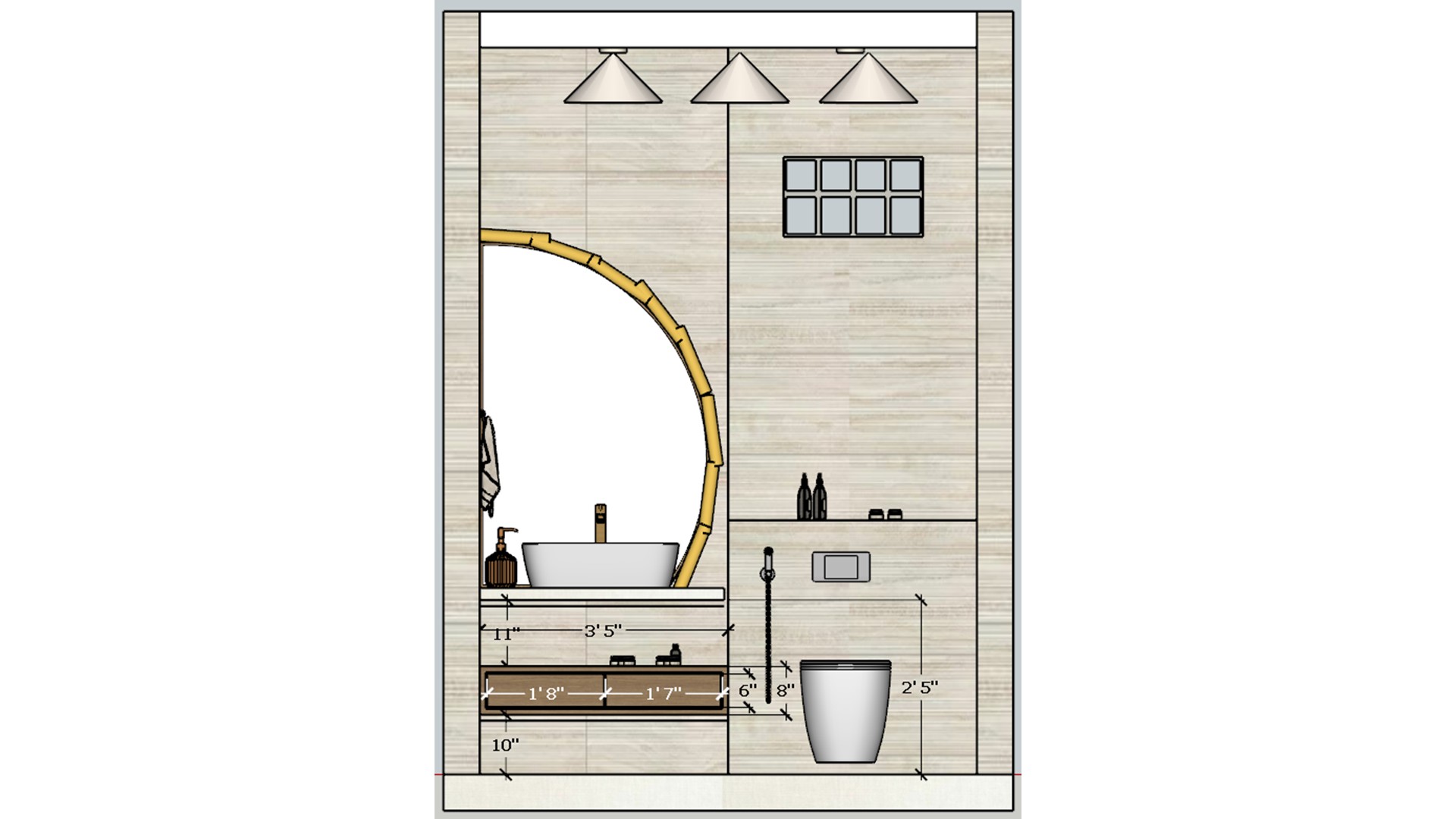 Bathroom elevation drawing outlines an arched mirror, basin counter, wall mounted toilet, and small window.