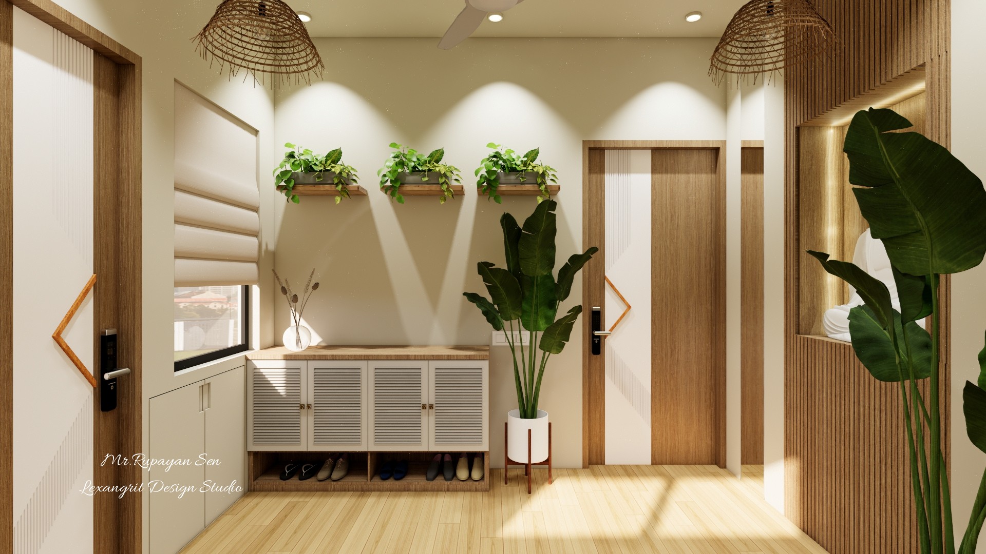 Bright entry hall combines a shoe cabinet, floating plant shelves, wood doors, and woven pendant lights.