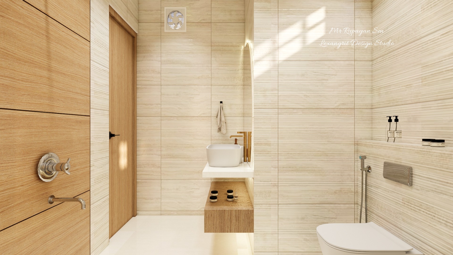 Bright bathroom render shows a white tub, wood vanity accents, tiled walls, and softly illuminated storage niches.