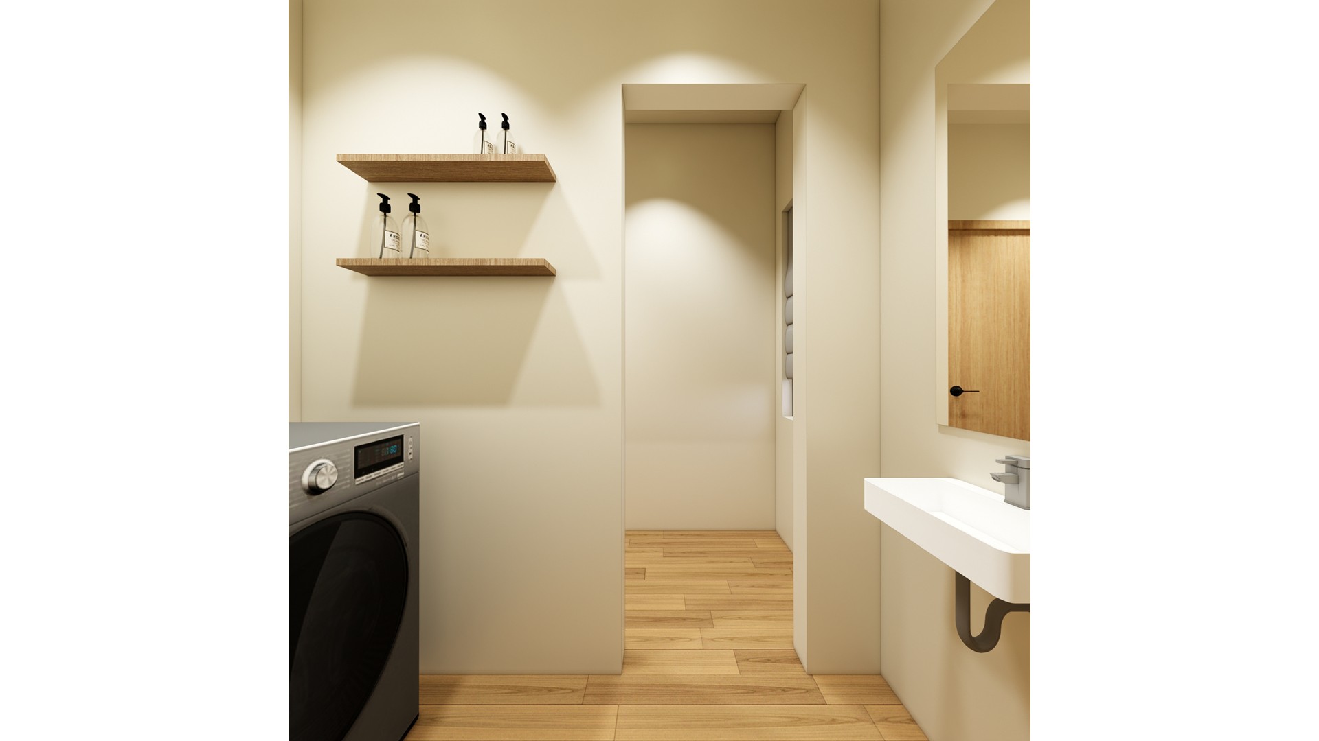 Compact laundry alcove with a front loading washer, white basin, floating shelves, and warm wood flooring.