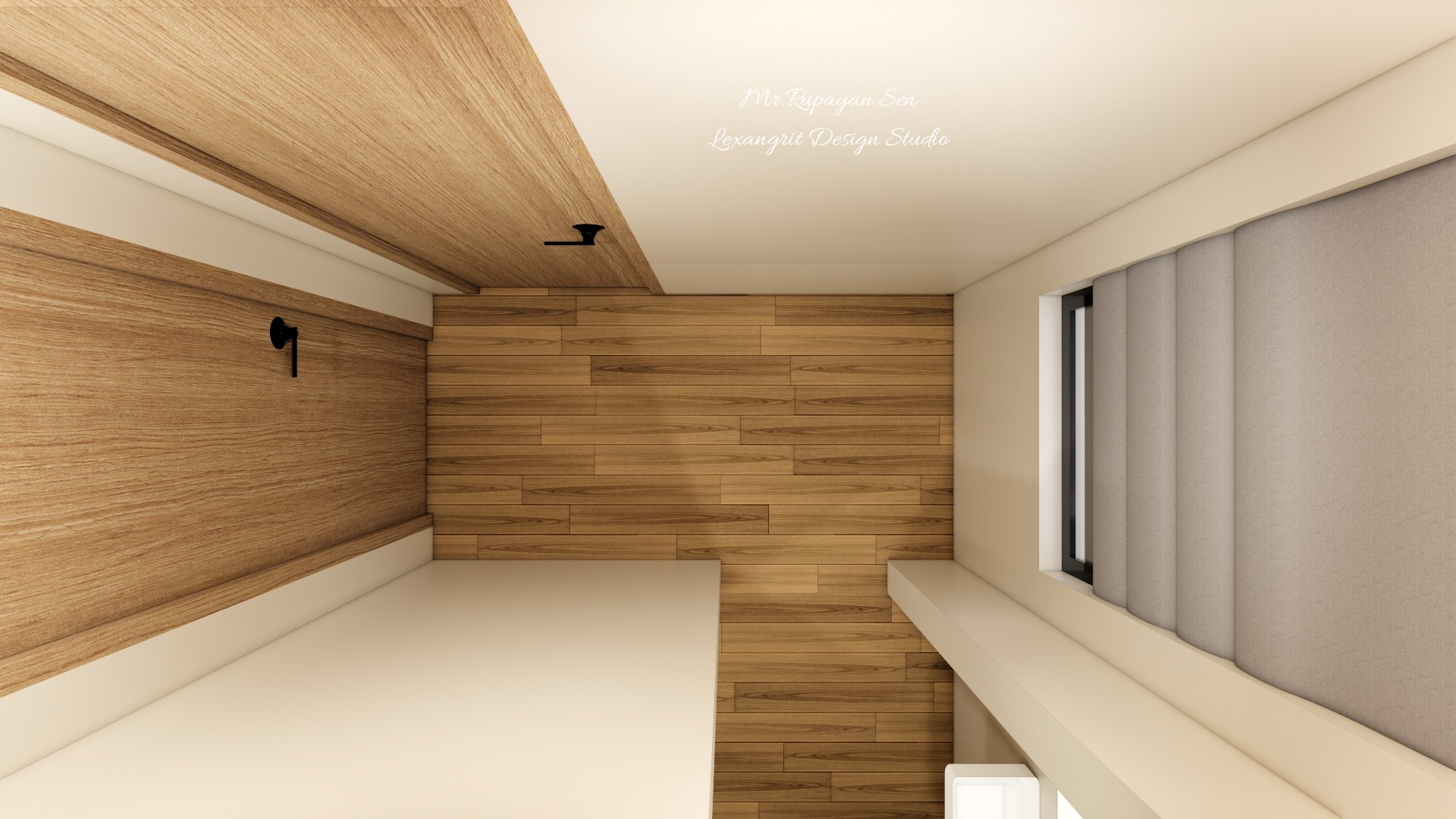 Compact passage view with a wood ceiling strip, timber wall panels, pale surfaces, and a shaded side window.