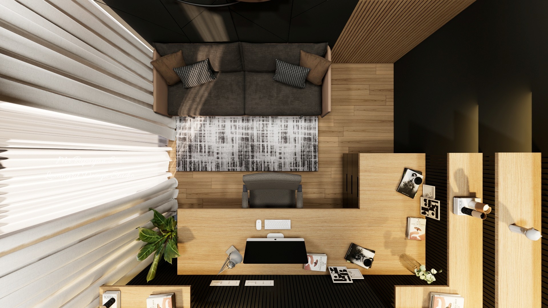 Dark lounge with a charcoal sofa, circular wall art, glowing shelves, timber slats, and a compact desk.