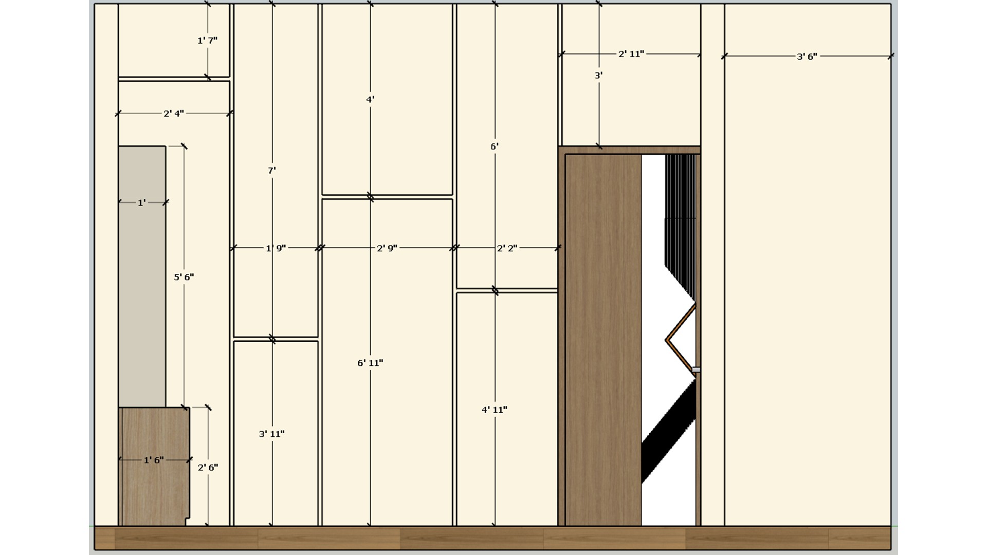 Measured wall elevation sets a geometric wood door beside full height pale panels and lower storage.