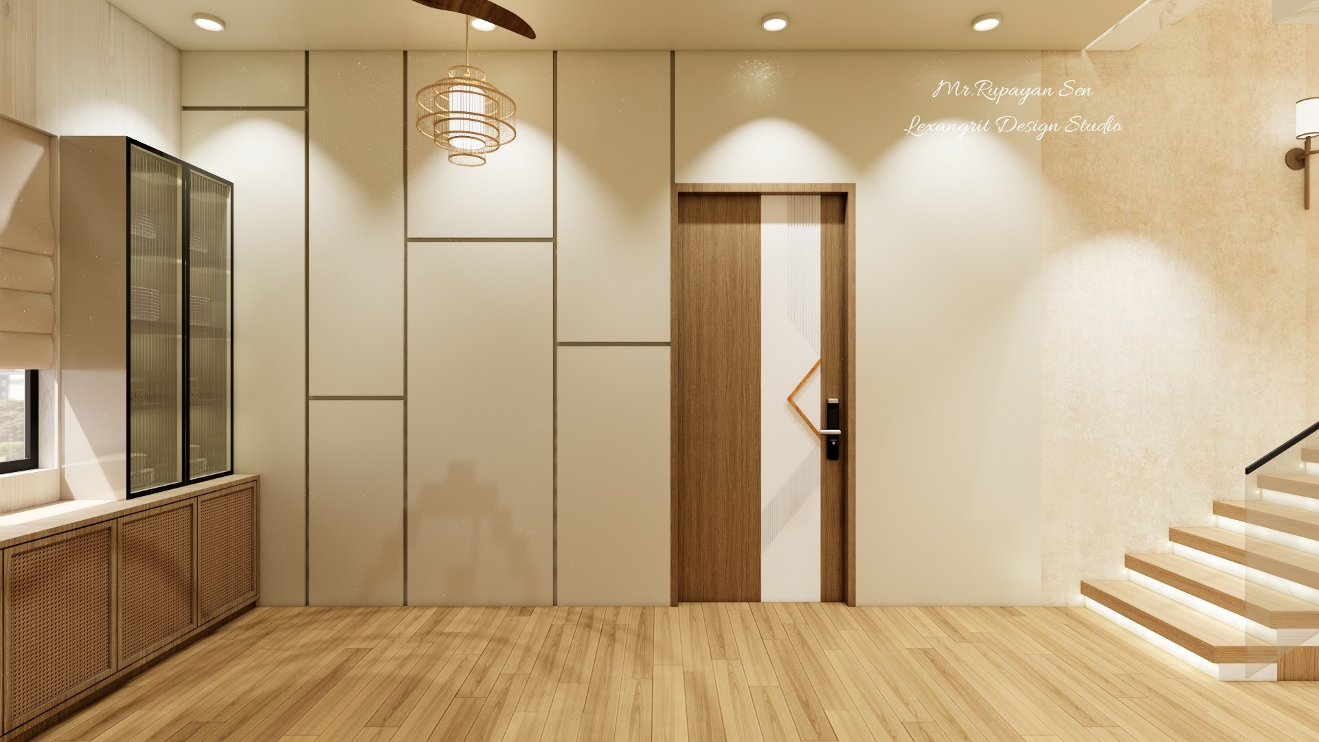Open dining and stair hall with a timber storage wall, glass cabinet, pendant light, and wood steps.