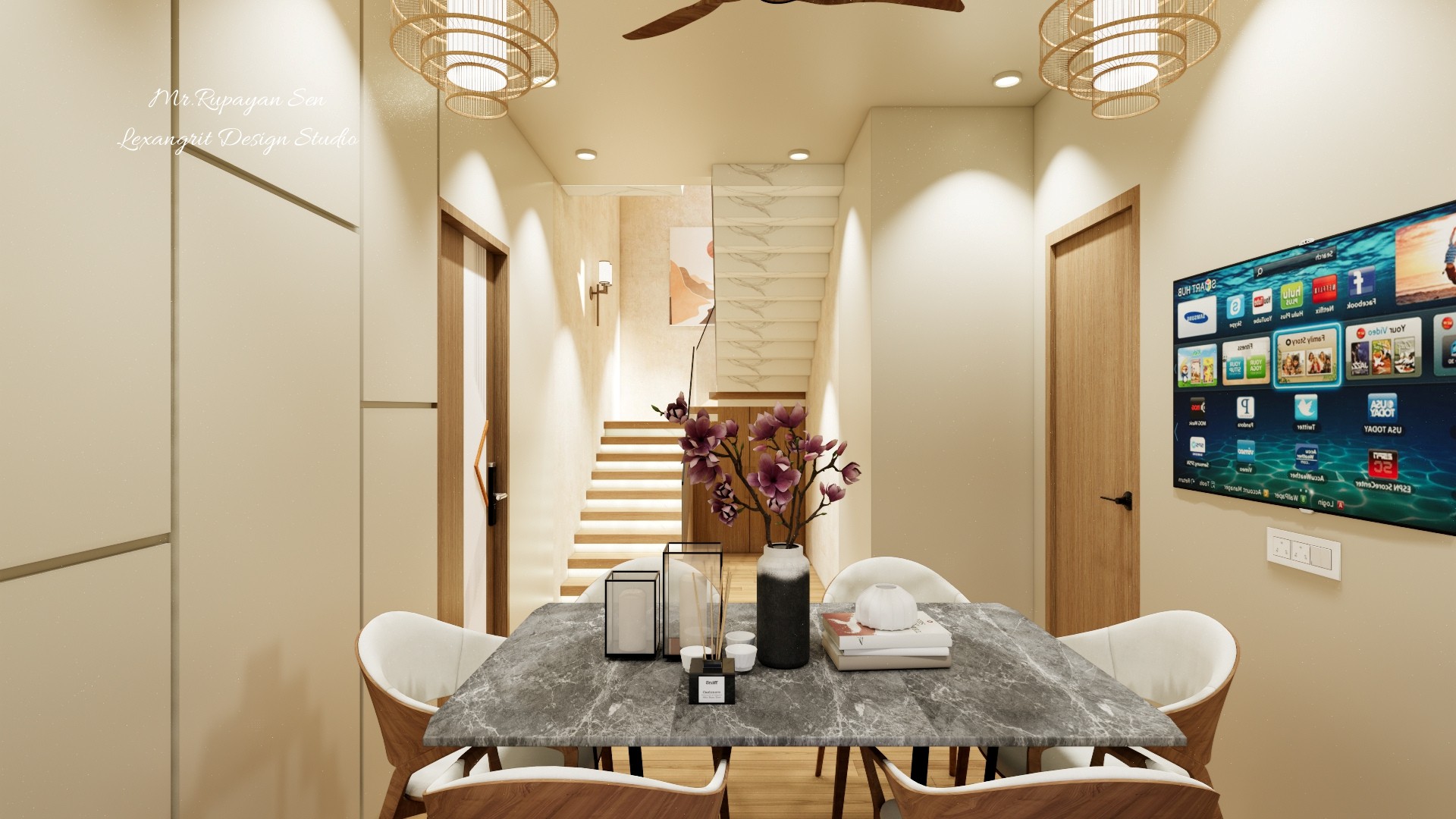 Dining table with white chairs beside a shaded window and glass front timber cabinetry.