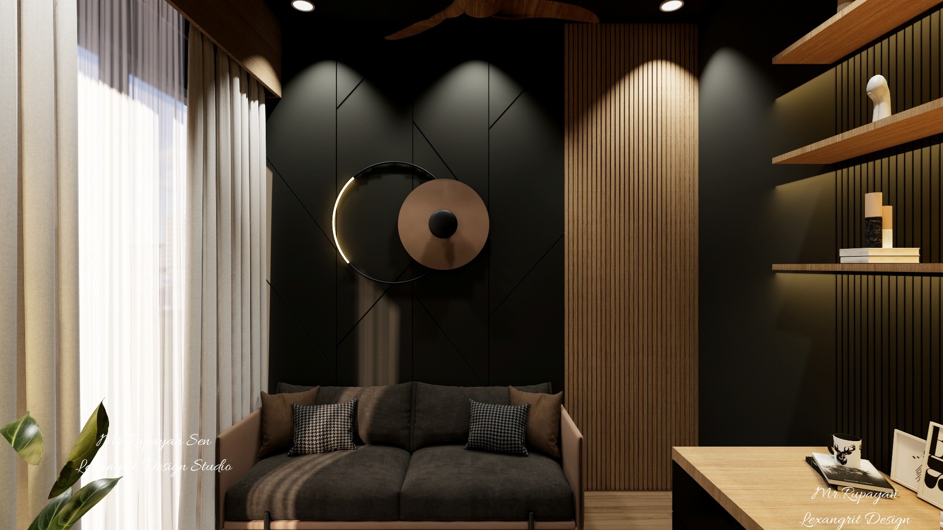 Measured media wall elevation with diagonal panels, vertical timber slats, open shelves, and low cabinetry.