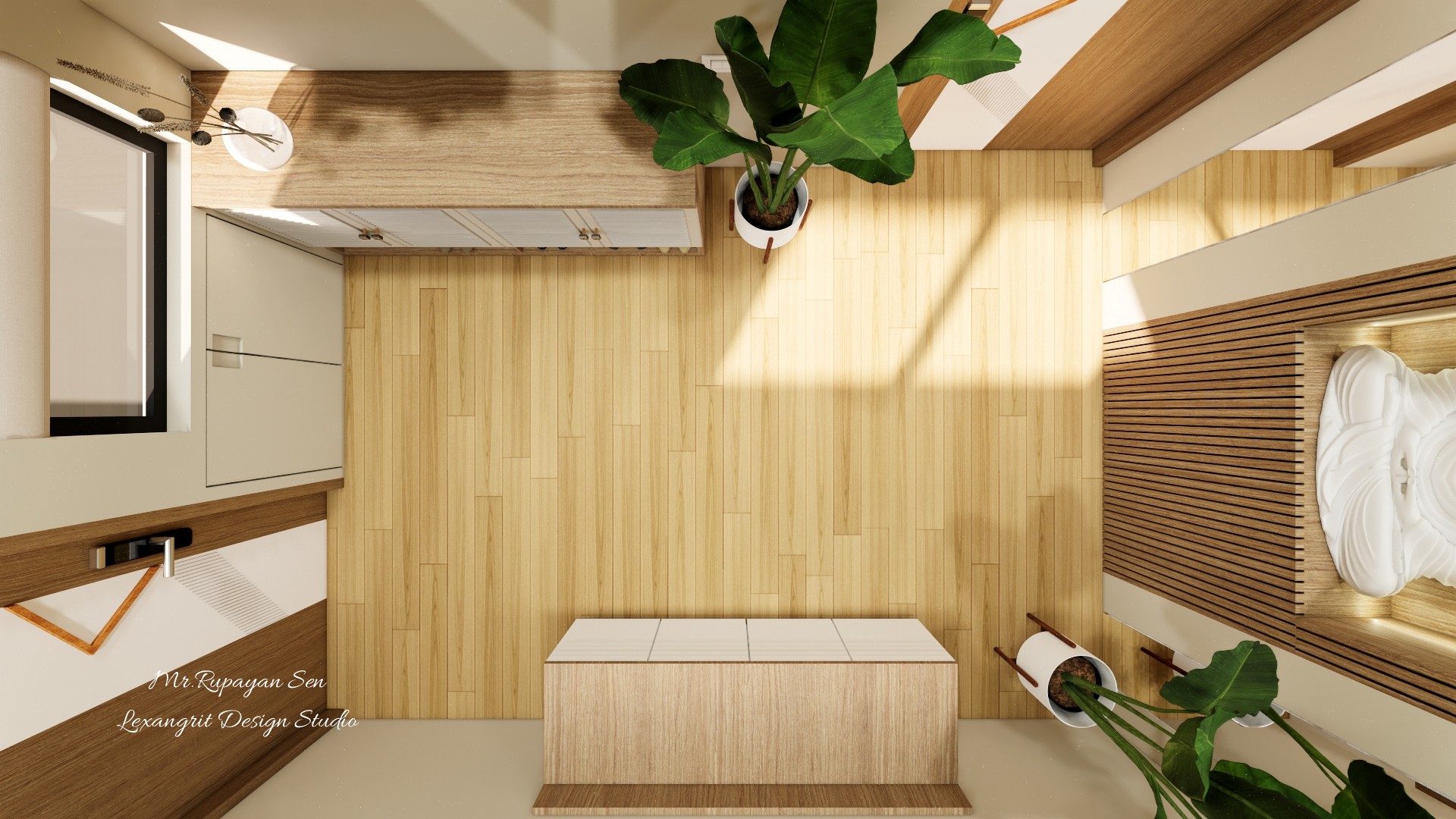 Overhead entry view with pale oak flooring, a narrow storage bench, shoe cabinet, and leafy plant accents.