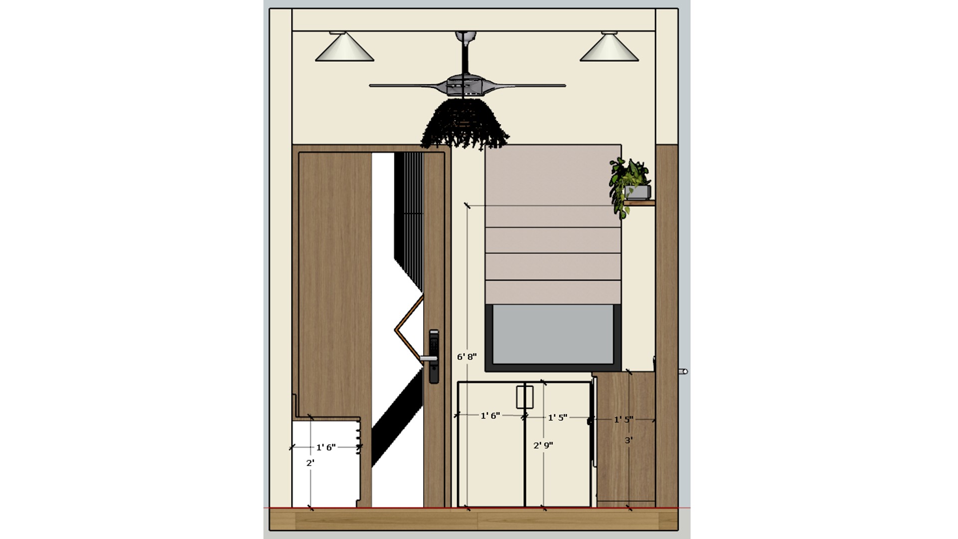 Entry wall drawing shows a wood door, shaded window, low cabinet, and a small raised plant shelf.