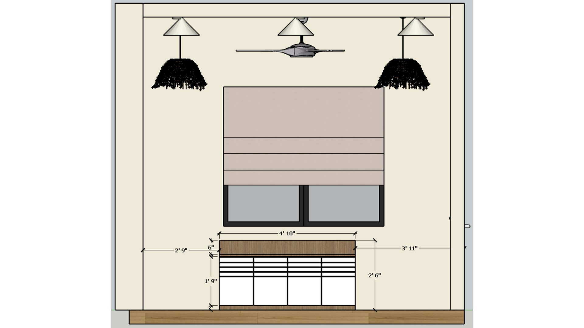 Foyer elevation centers a wide shaded window above a low slatted cabinet between pendant lights.