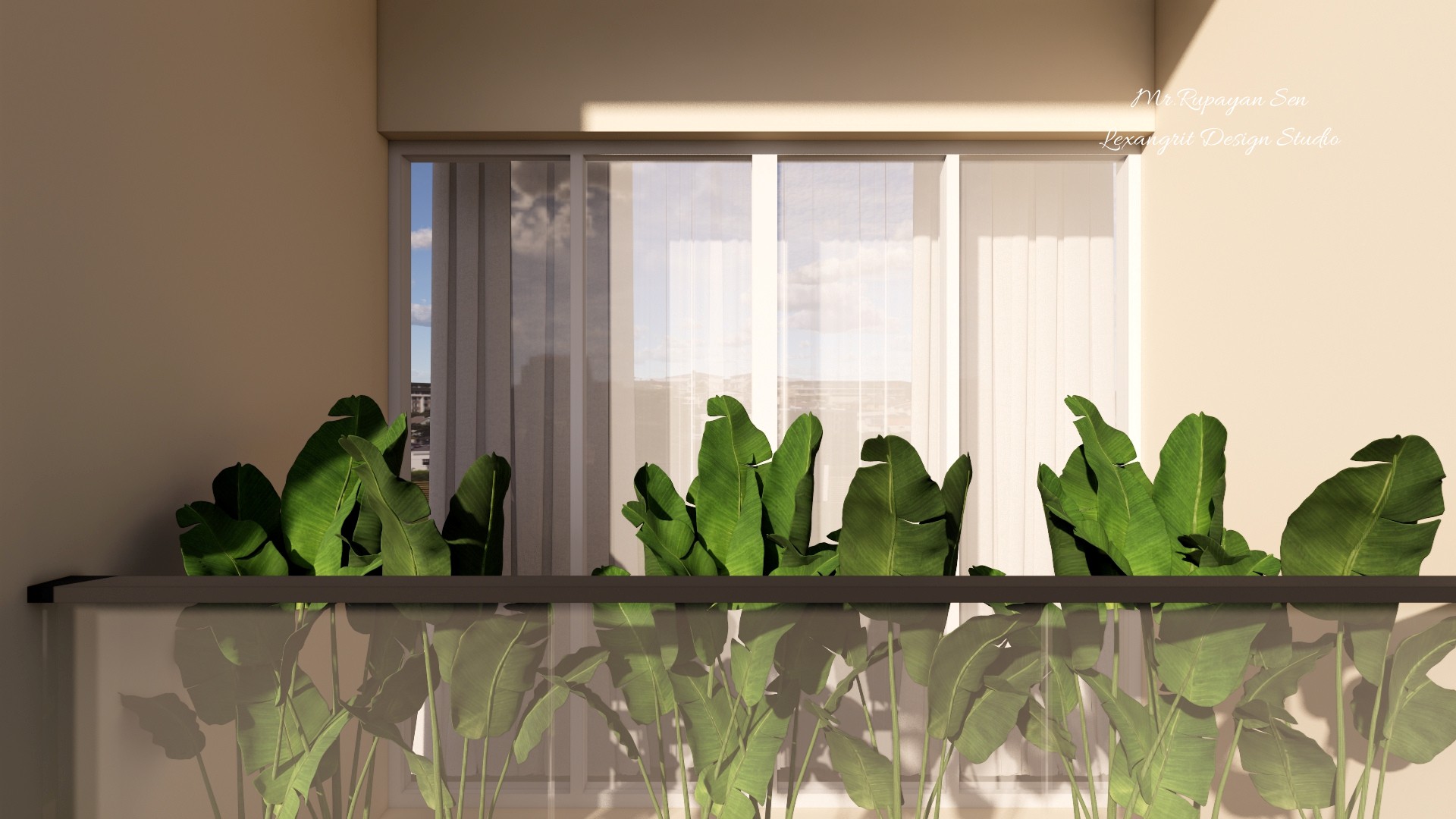 Leafy balcony planting sits behind a clear glass railing in front of a wide sliding window.