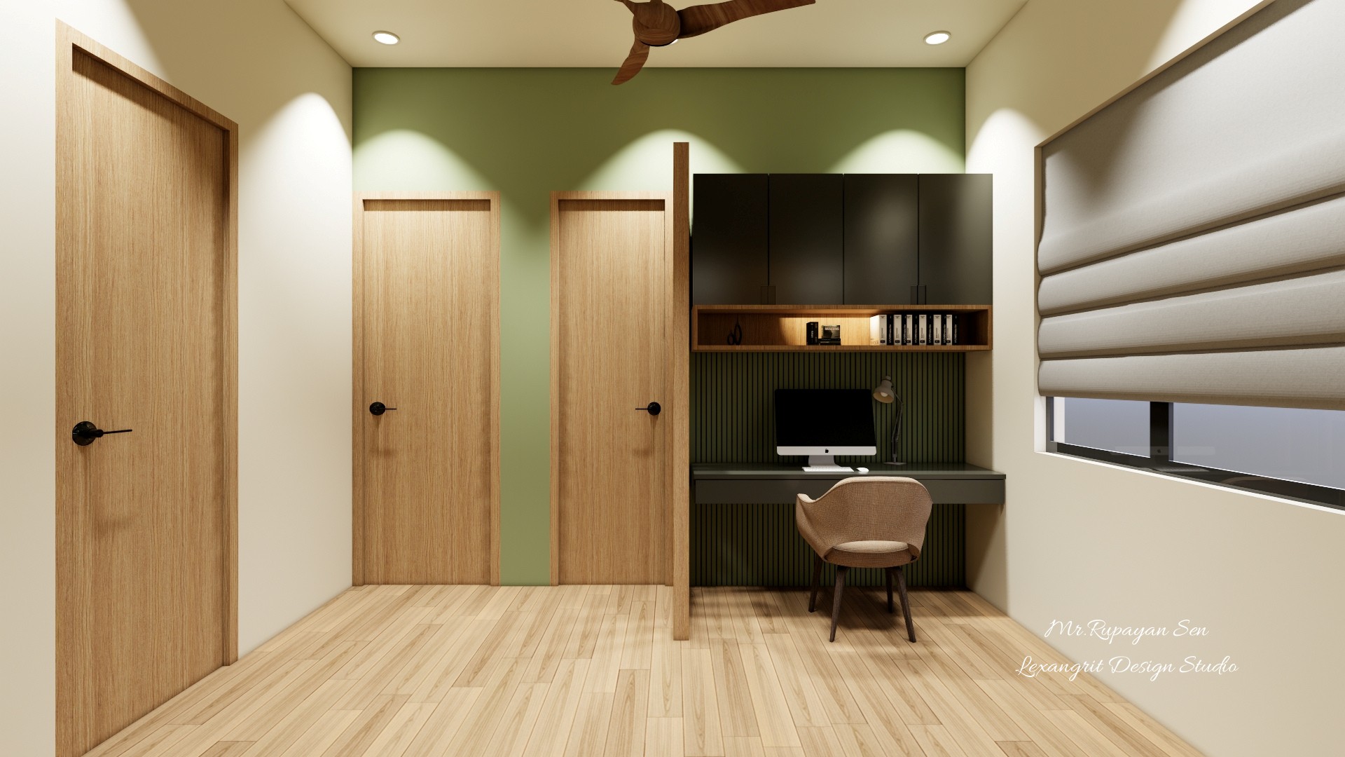 Second floor study with a dark green desk wall, overhead cabinets, roller shade, wood door, and pale floor.