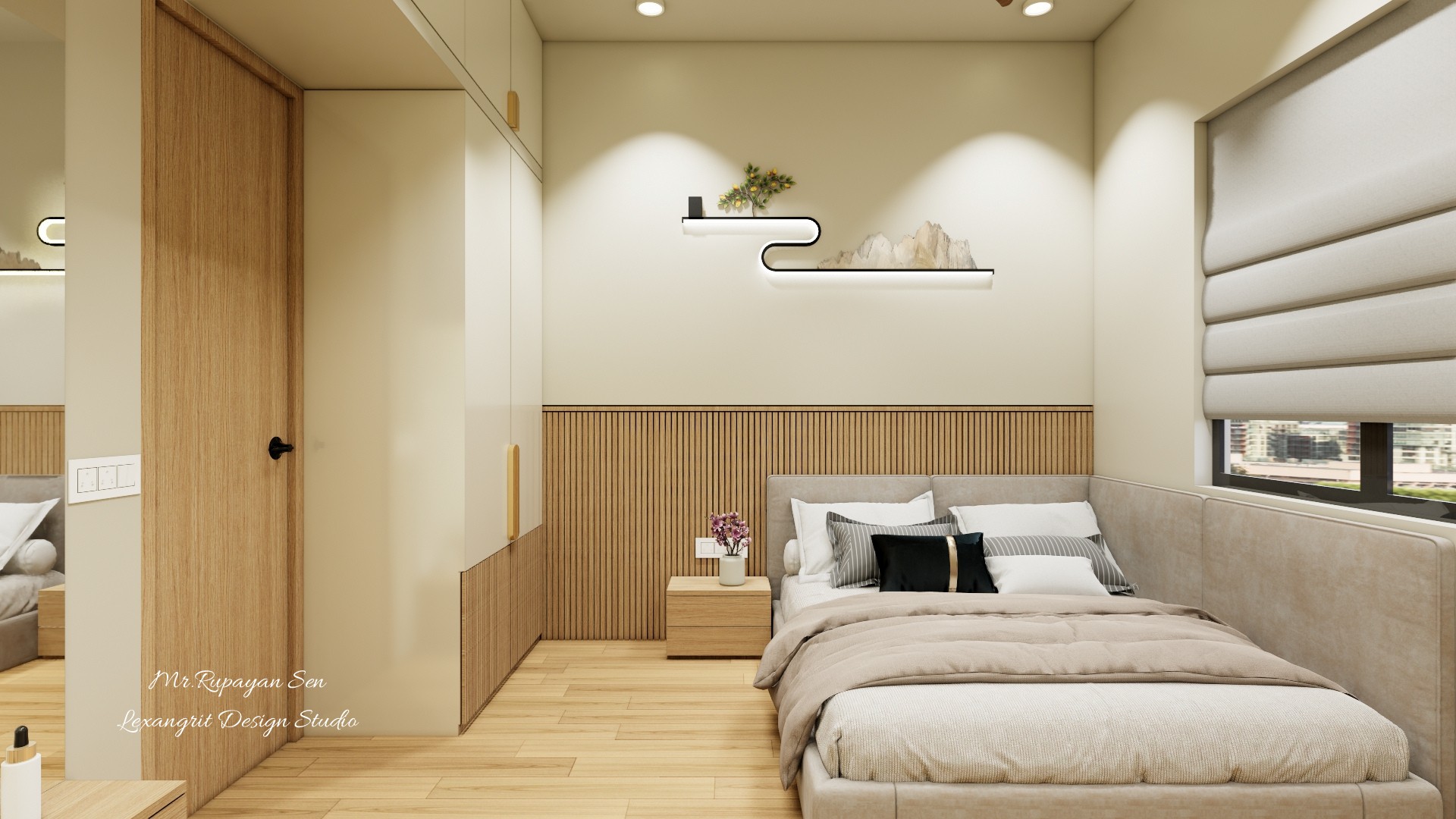 Neutral guest room with a padded bed, wood slat headboard, roller shade, floating shelf, and ceiling fan.
