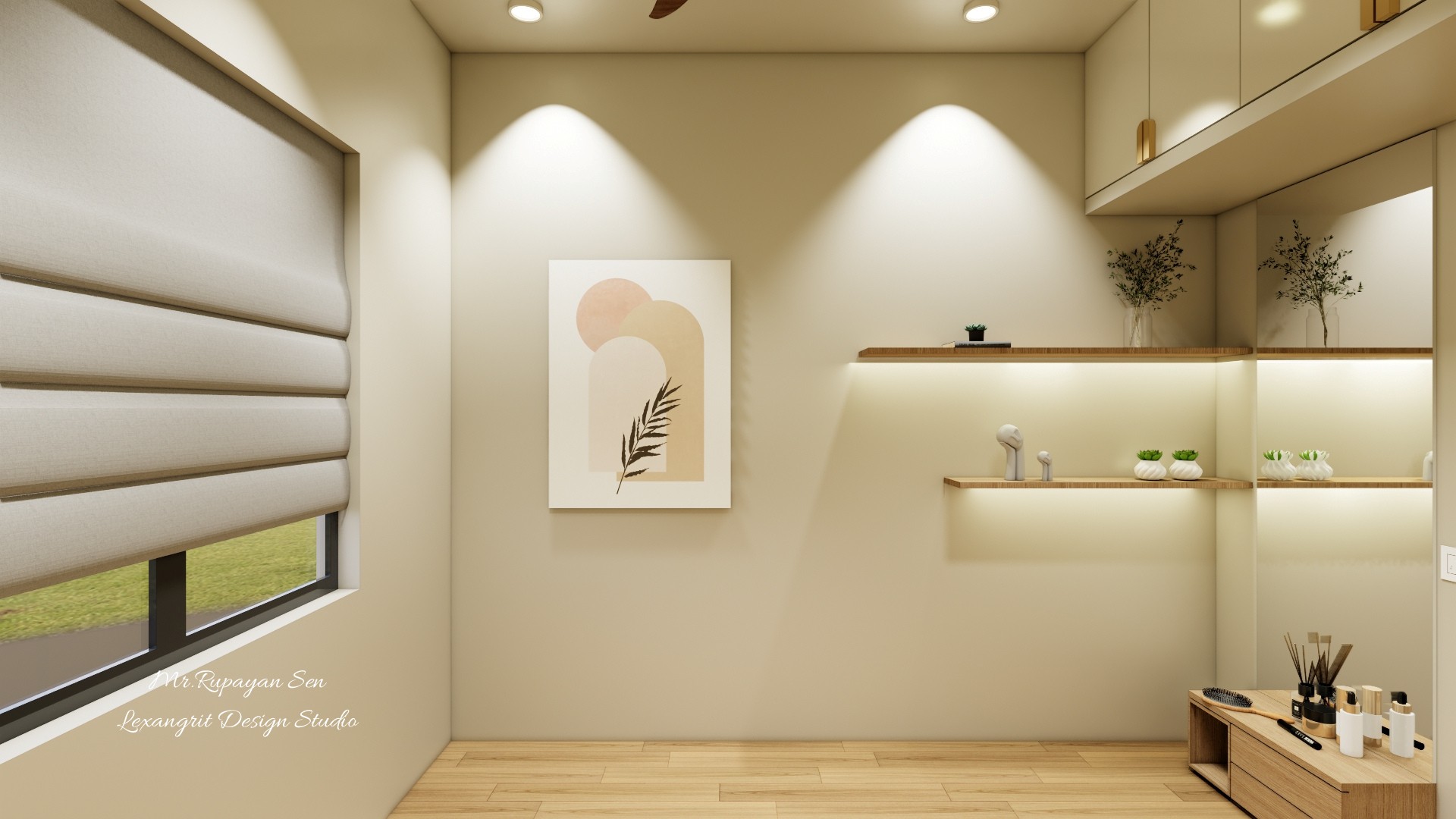 Measured bedroom wall elevation with a slatted lower panel, floating shelves, framed art, and ceiling fan.