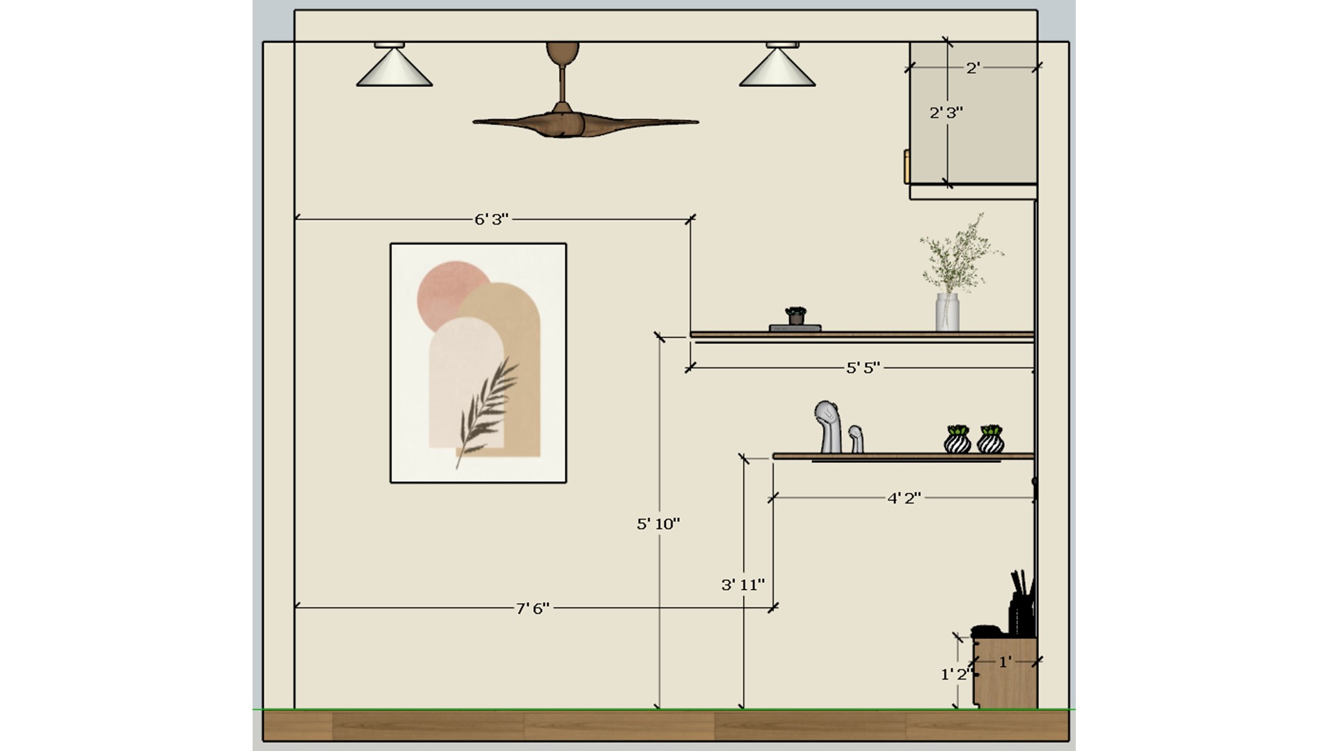 Bedroom storage wall with illuminated floating shelves, plant decor, pale cabinetry, and a shaded window.