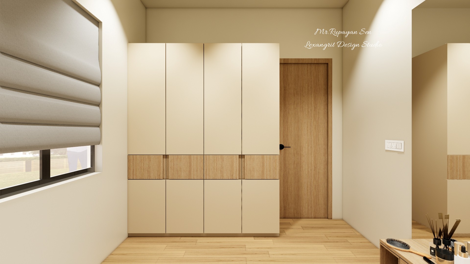 Measured bedroom wall elevation showing tall cupboards, a central mirror, bedside storage, and ceiling fan.