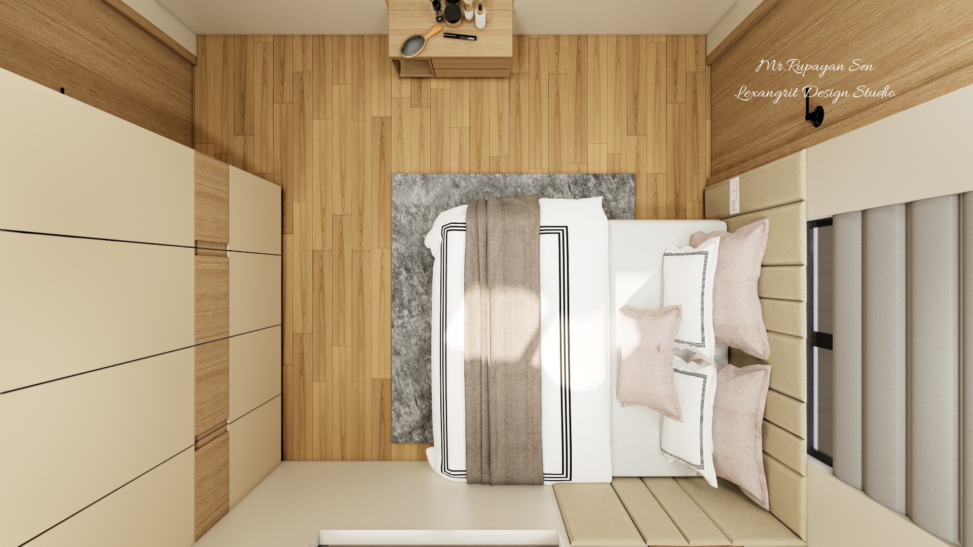 Overhead guest bedroom with pale bedding, a gray rug, light timber flooring, and full height wardrobes.