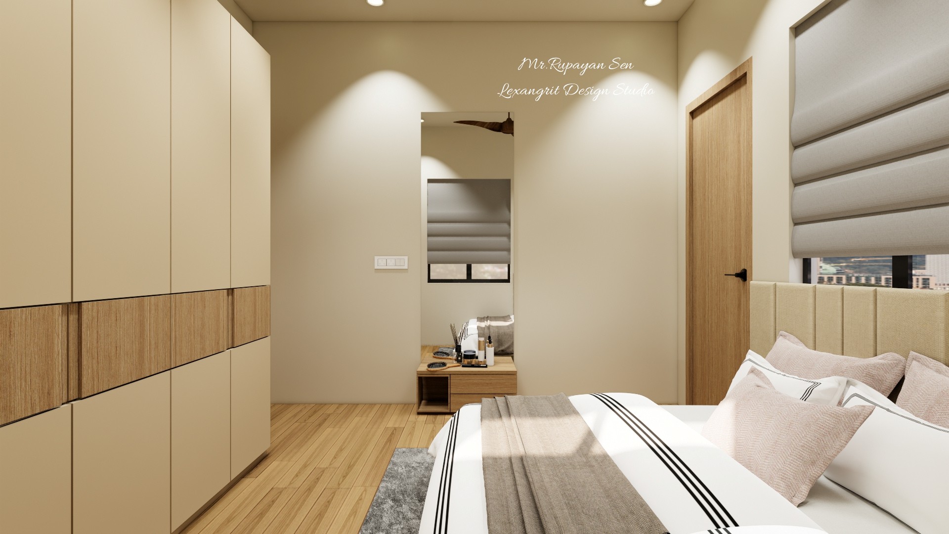 Neutral guest bedroom with pale wardrobes, timber wall panels, striped bedding, and a shaded side window.