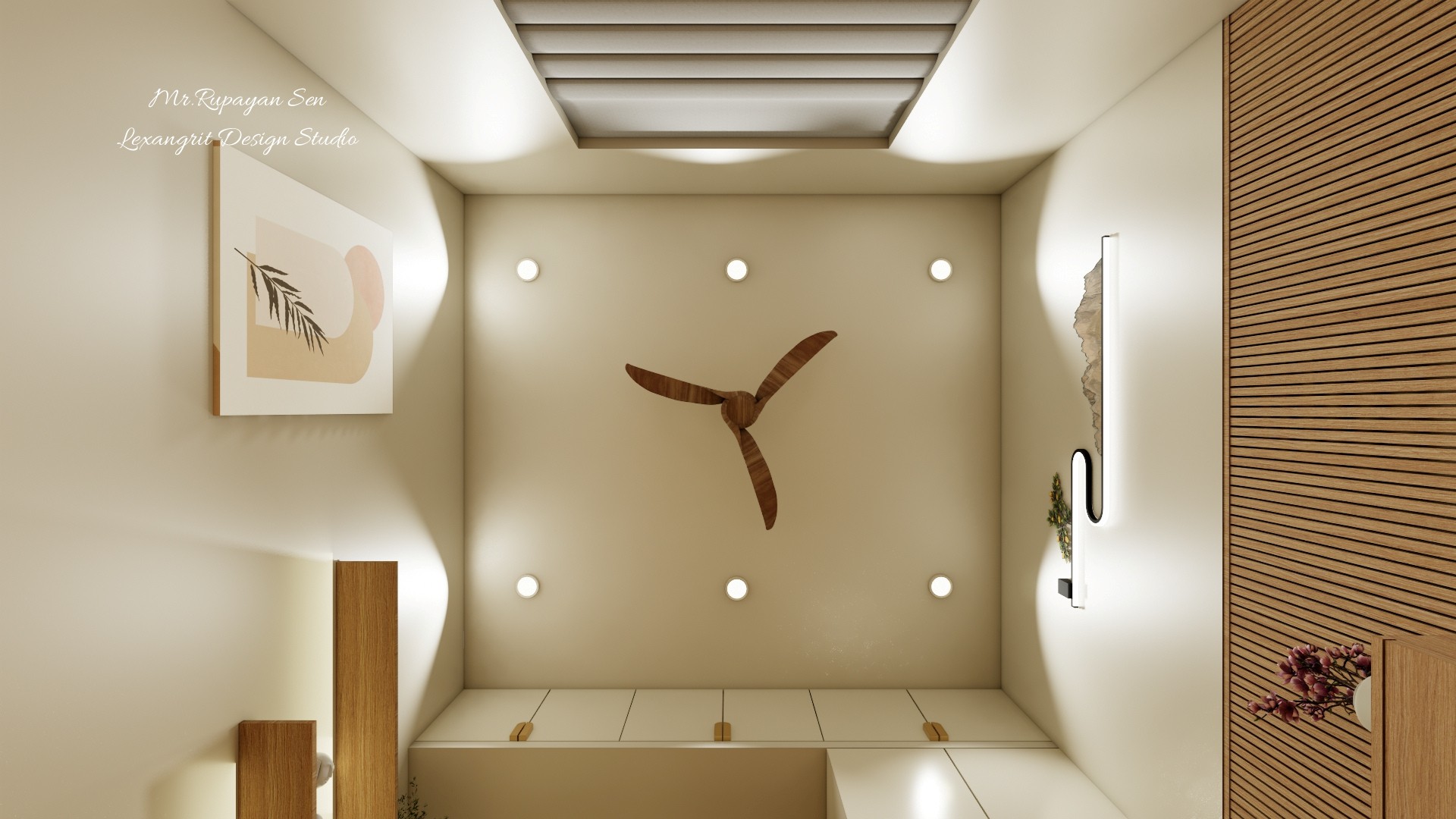 Measured wardrobe wall elevation with a central timber door, pale cupboards, open ledges, and bedside storage.