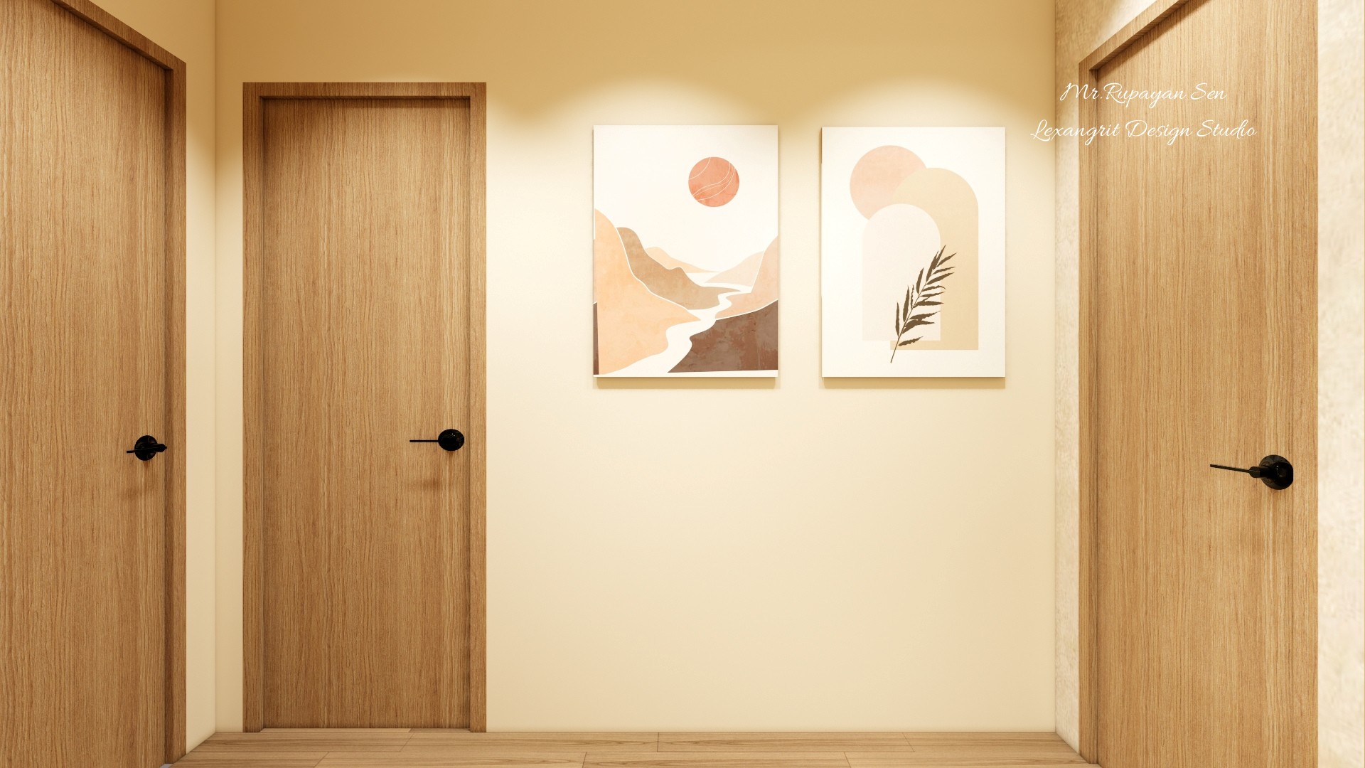 Hallway wall with two light wood doors and paired abstract prints on a pale cream background.