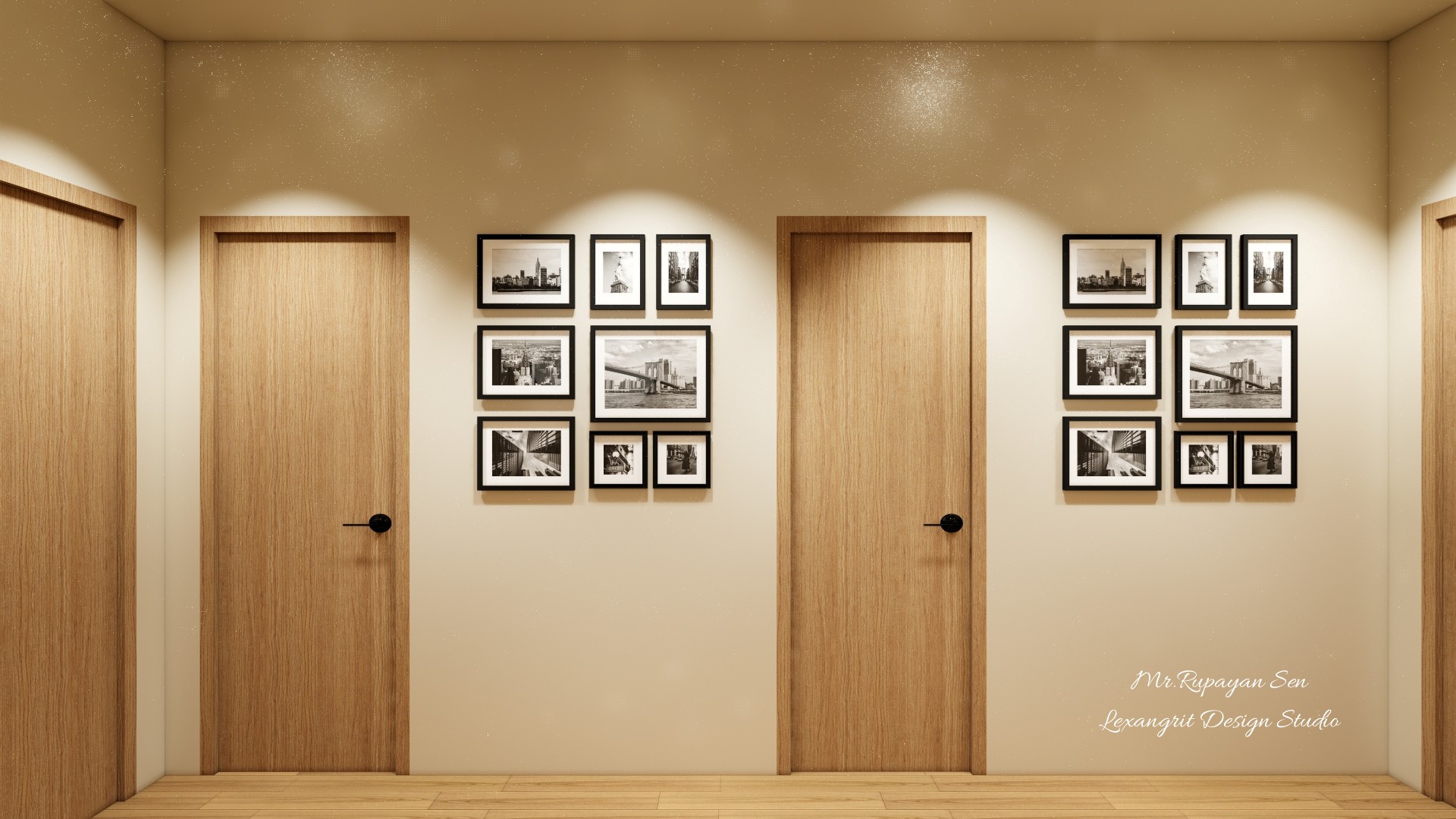 Cream hallway elevation with four light wood doors and symmetrical grids of black framed photographs.