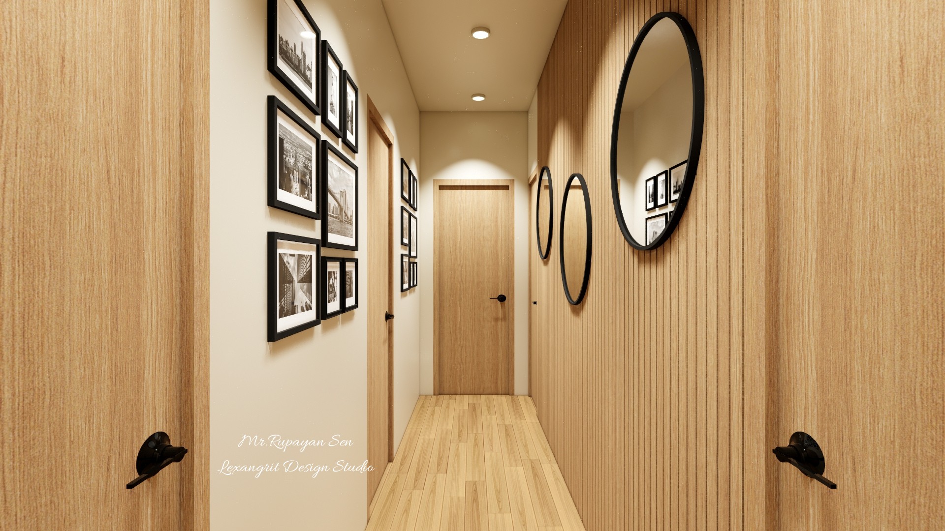 Reverse view of a narrow wood lined corridor with framed photographs, round mirrors, recessed lights, and a door.