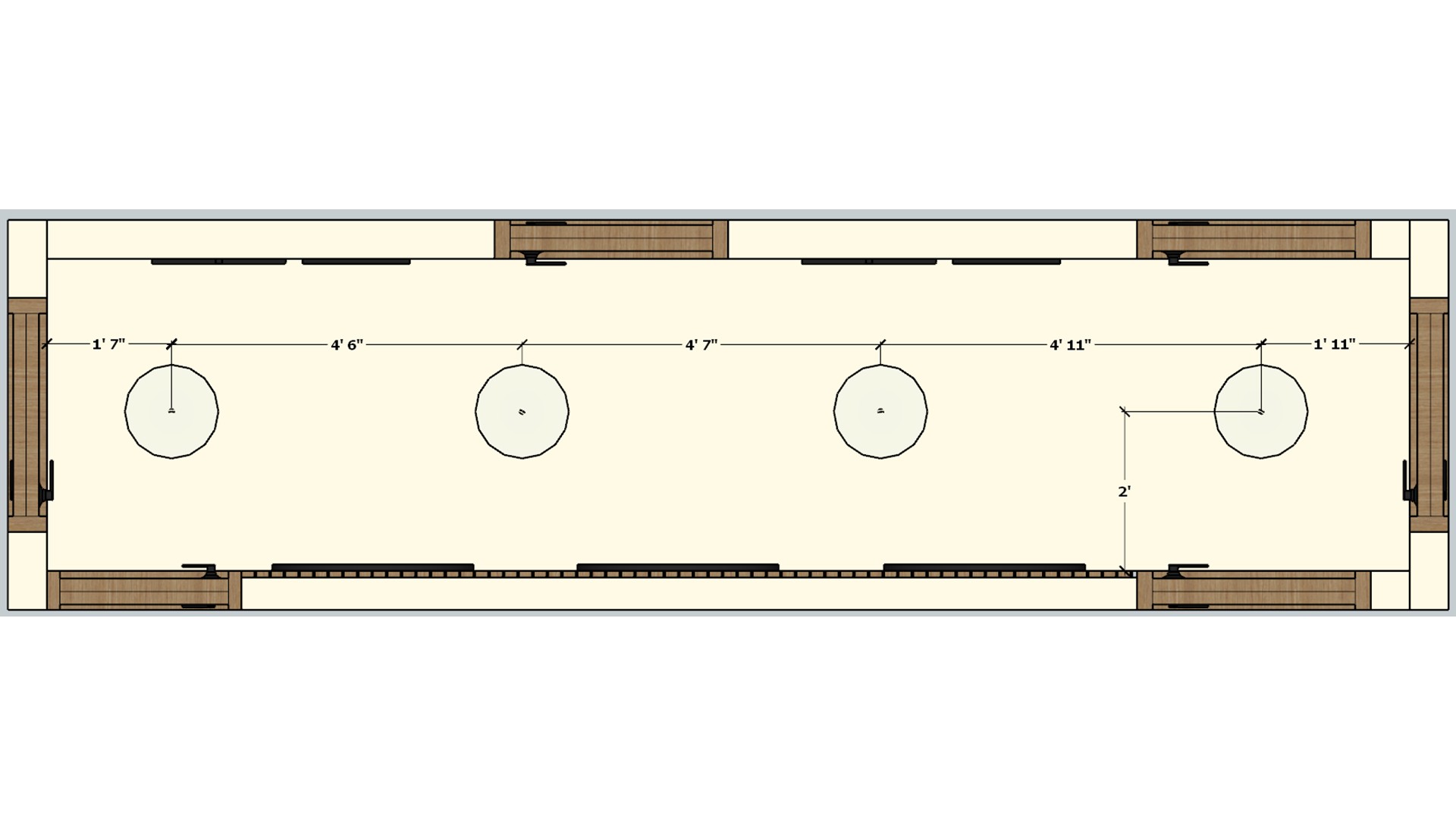 Dimensioned narrow hallway lighting plan showing four evenly spaced ceiling points along the passage.