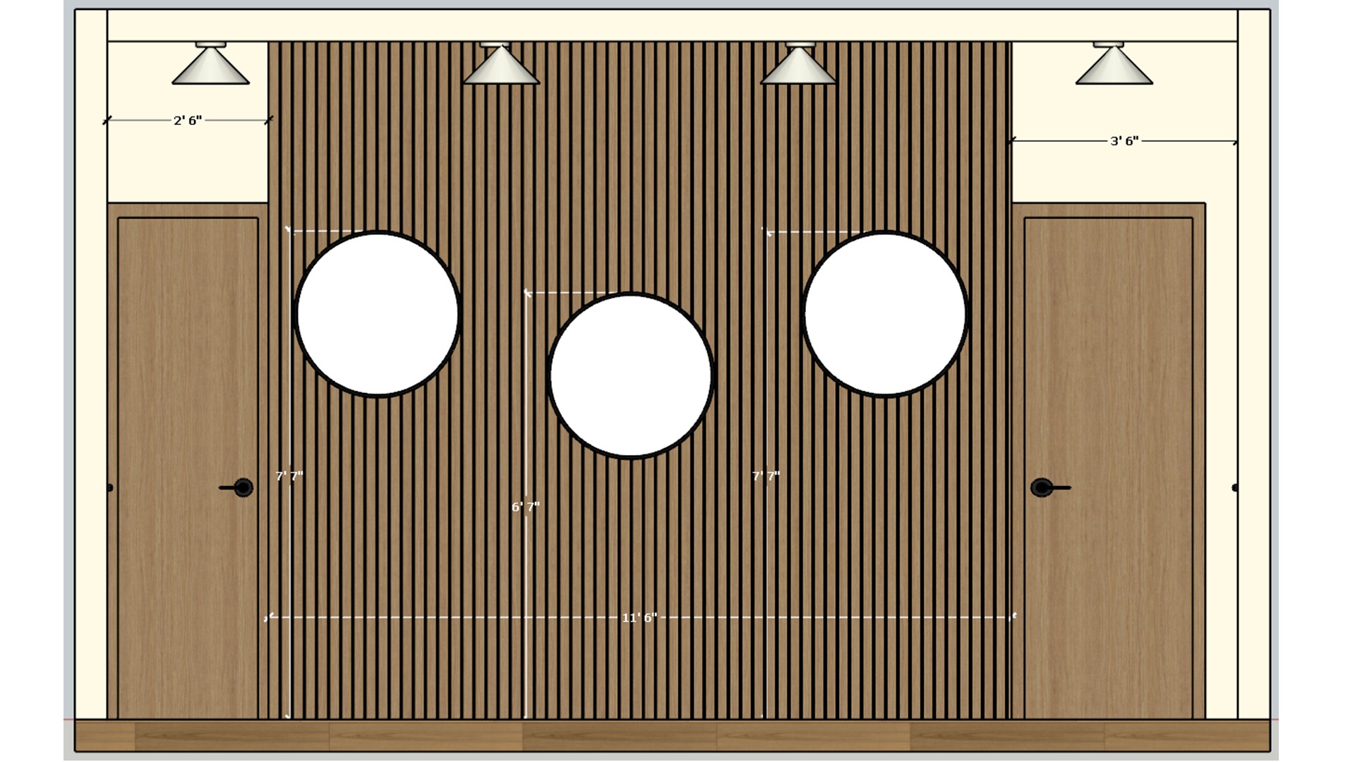 Measured elevation of a slatted hallway wall with three circular mirrors, pendant lights, and flanking wood doors.