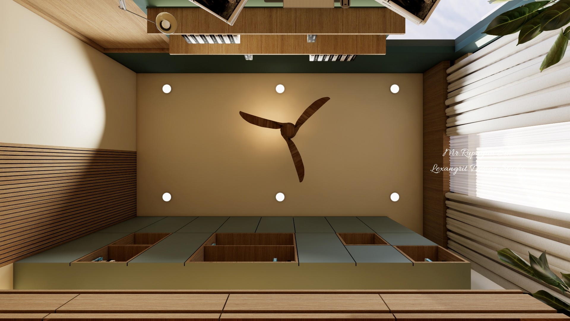 Upward home office view with a ceiling fan, recessed lights, slatted timber panels, and green cabinetry.