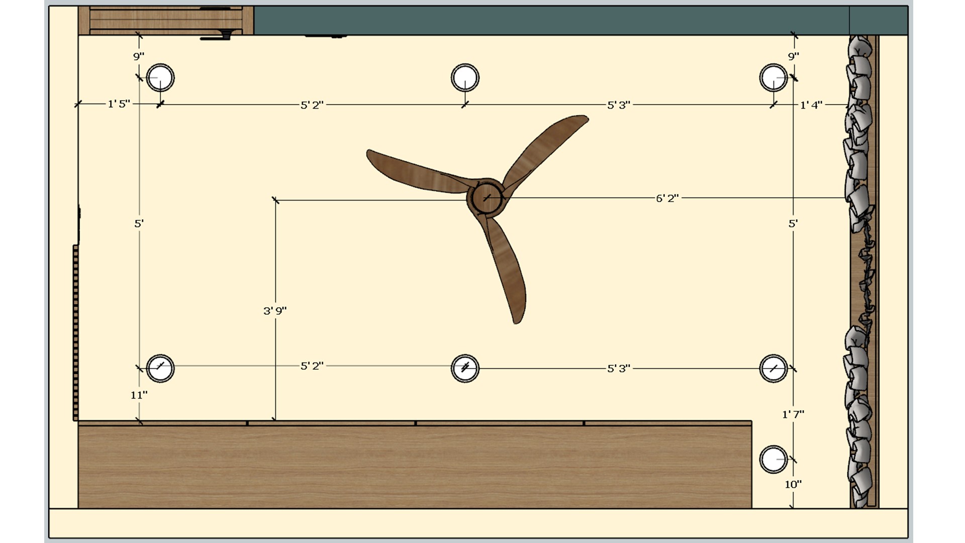 Dimensioned office lighting plan with a central fan and six ceiling light points across the room.