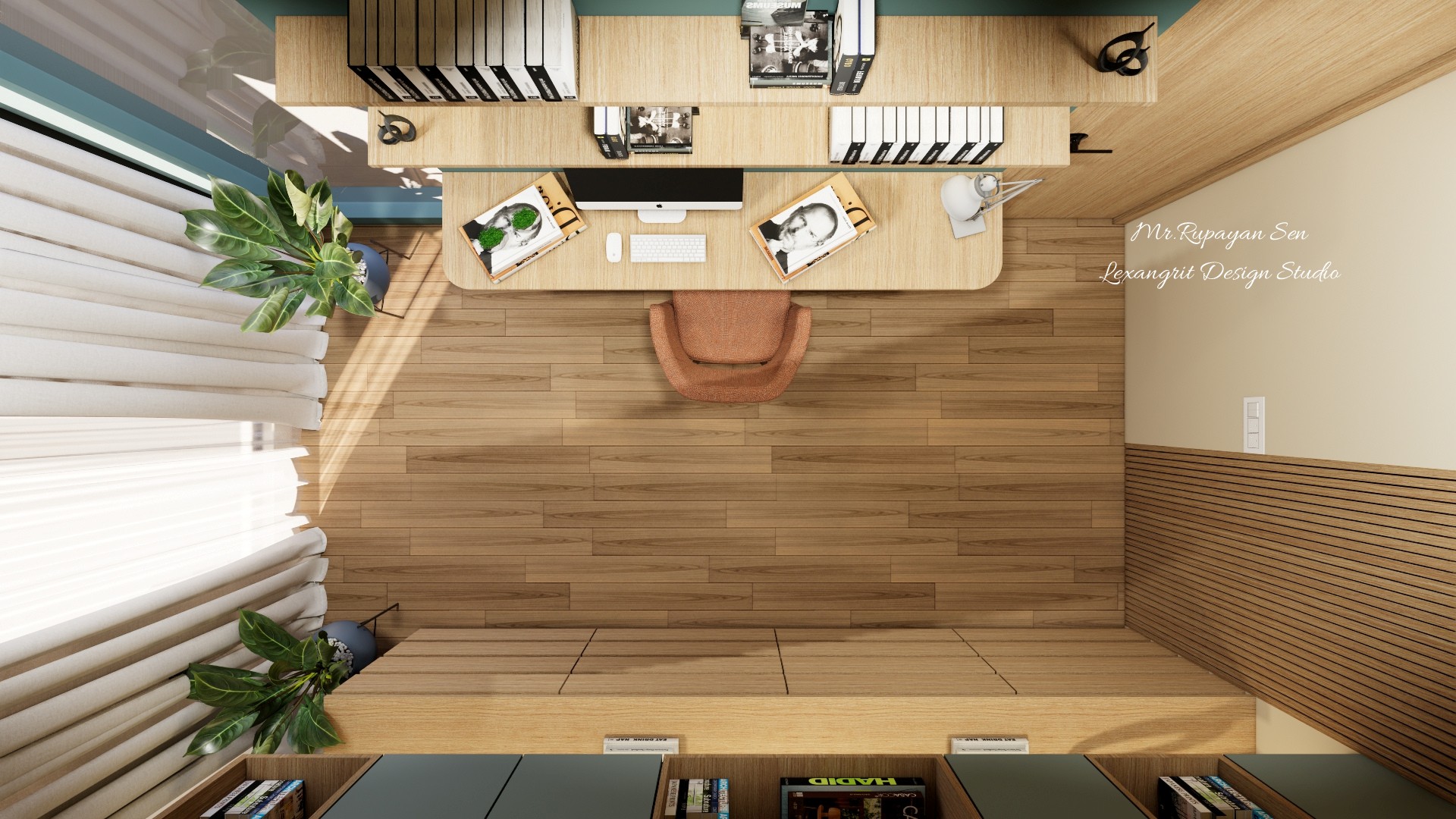 Overhead home office layout with a wood desk, computer, task chair, shelving, and bright window curtains.
