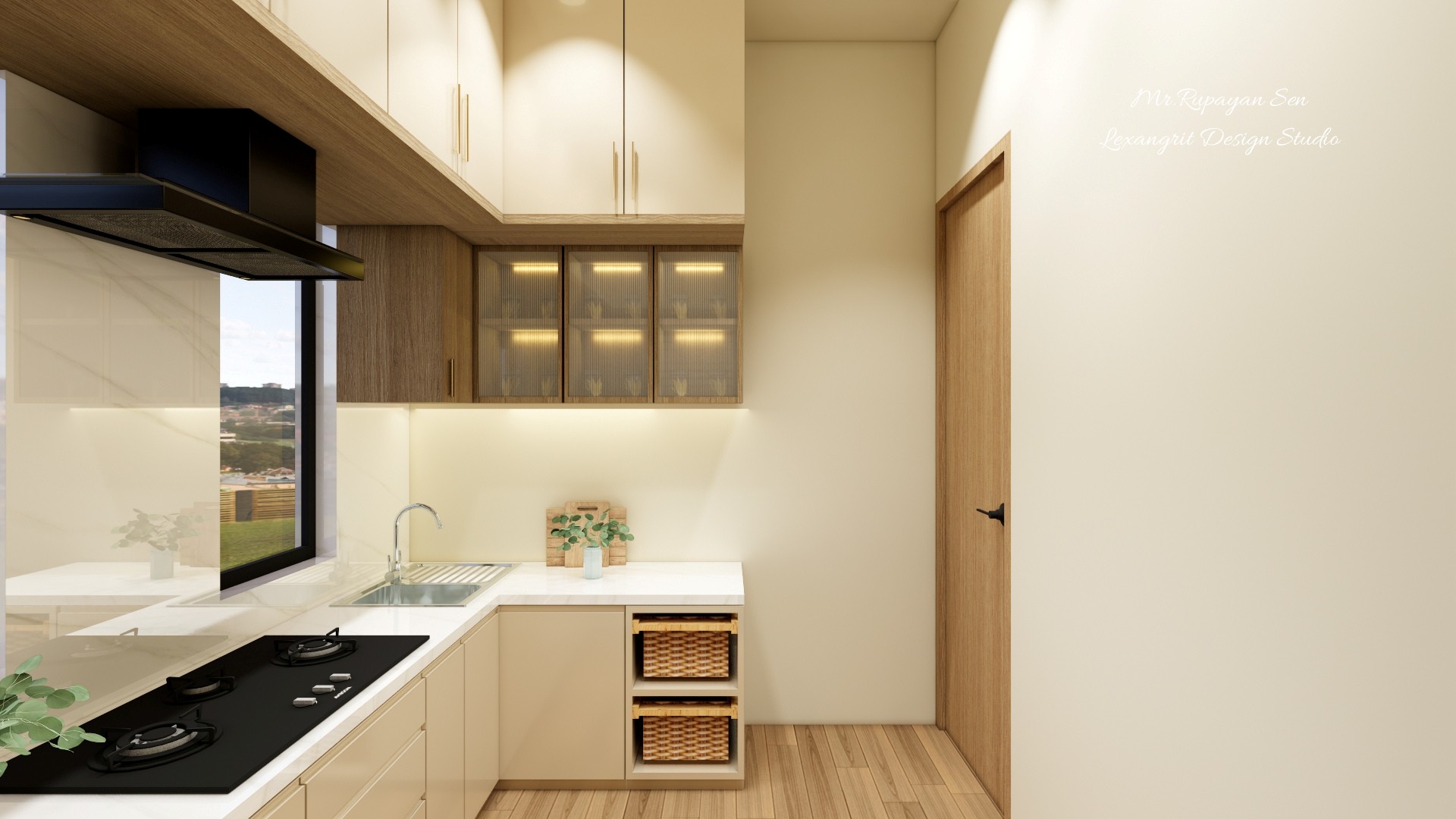 Kitchen corner with a black cooktop, glass front upper cabinets, white counters, wood trim, and a wood door.