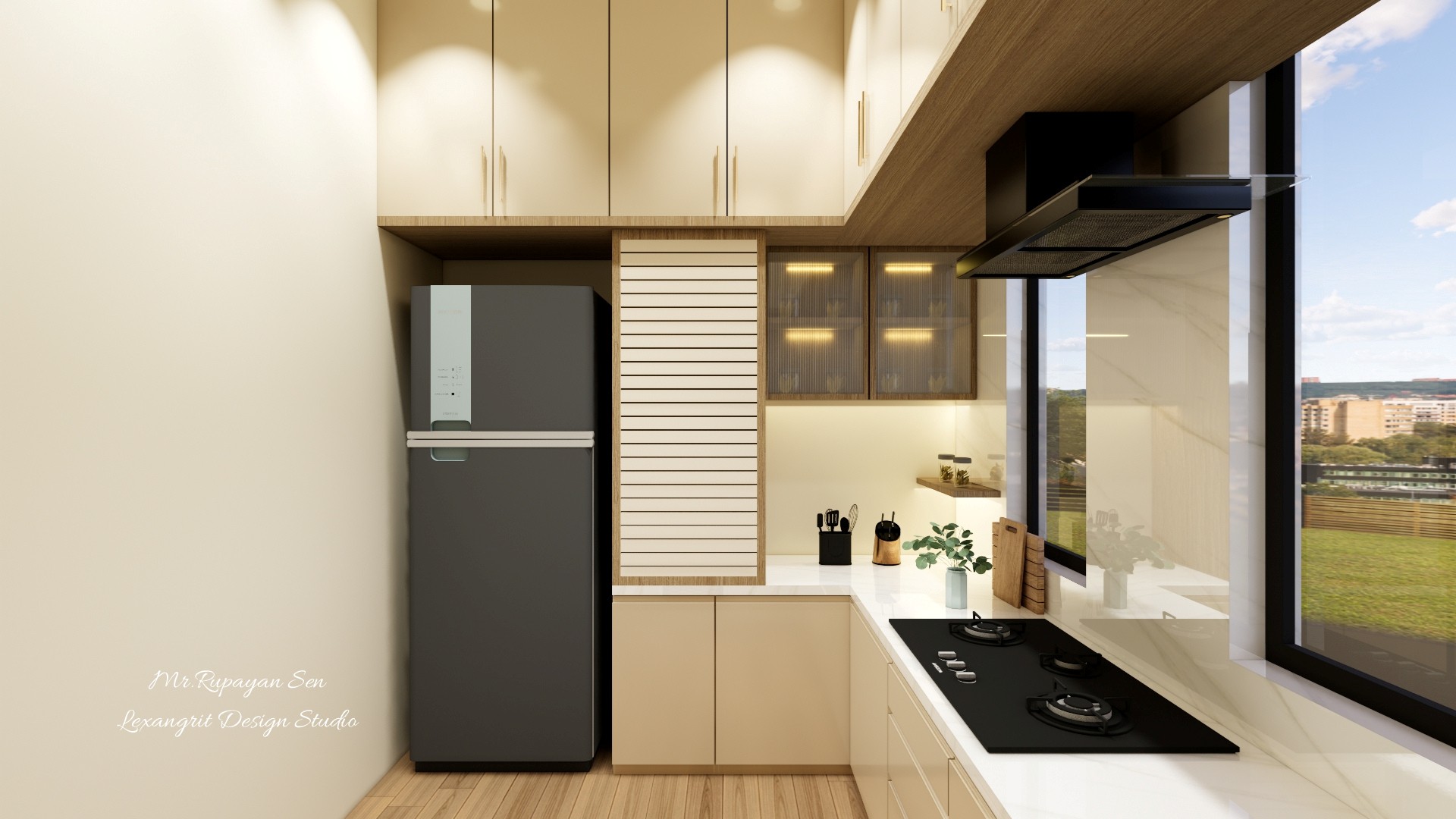 Side view of a pale kitchen with tall refrigerator, wood accents, black cooktop, and wide window.