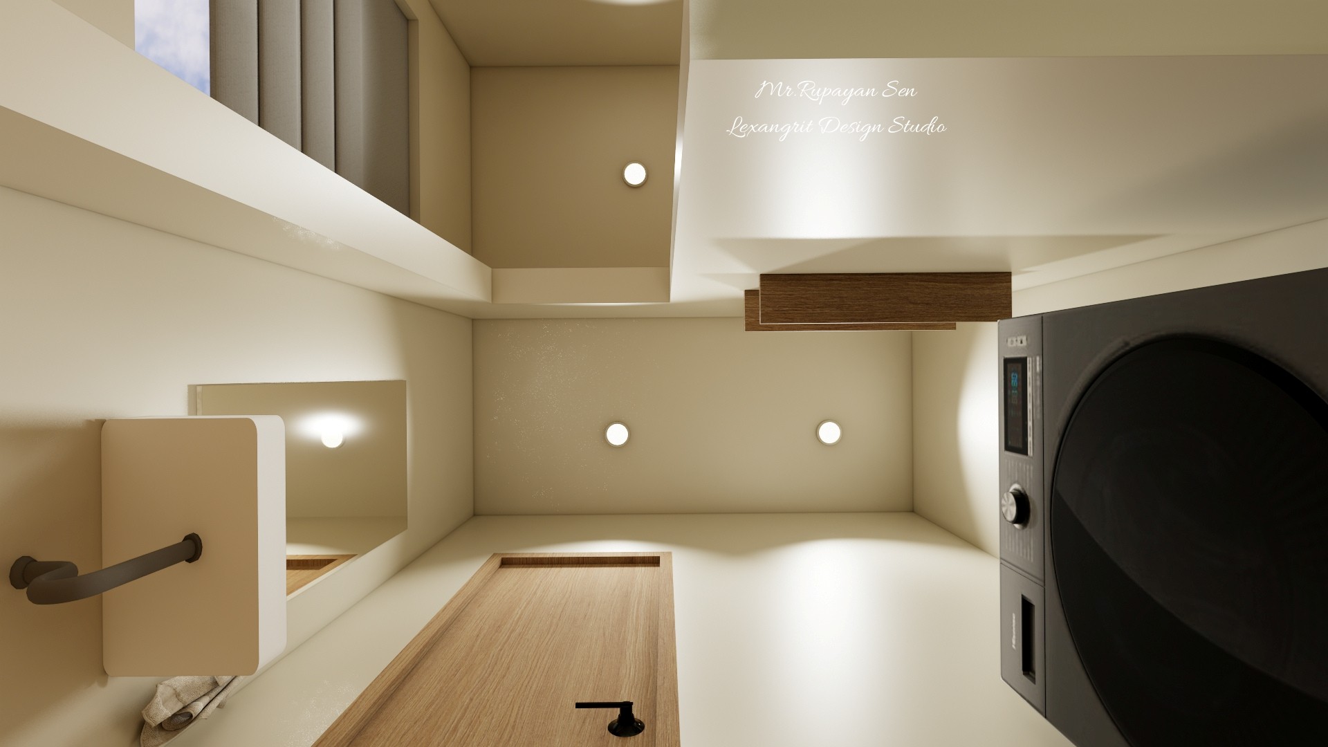 Upward view of a compact laundry ceiling with recessed lights, wood panels, washer, and doorway.