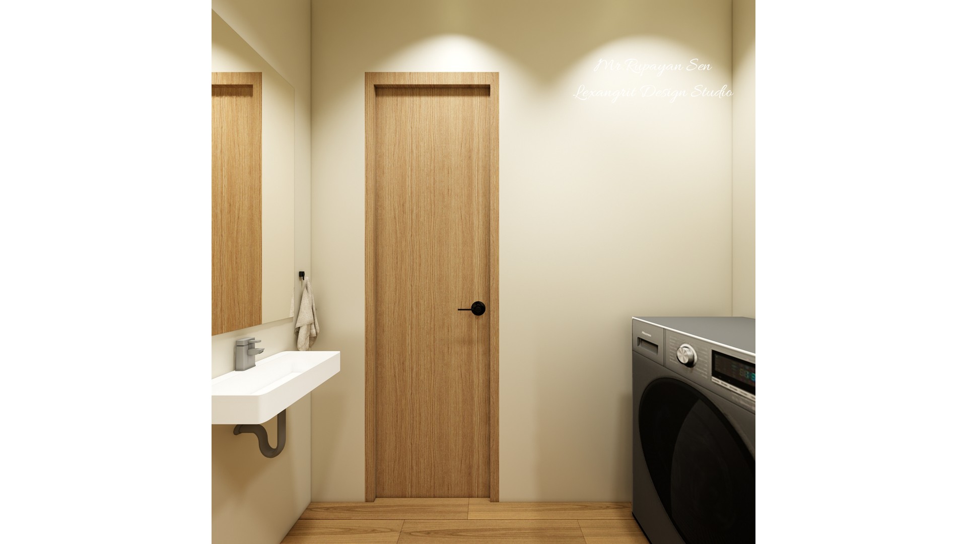 Laundry room view pairs a white wall sink and wood door with a front loading washer.