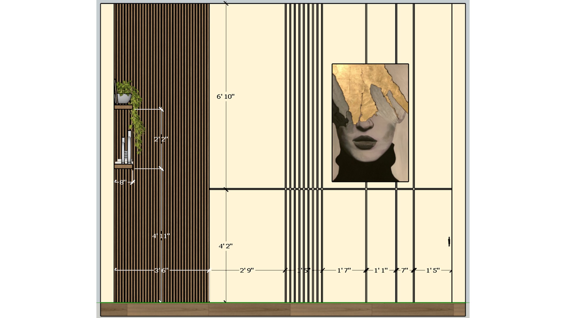 Living room elevation measures a cream panel wall, vertical slats, floating shelves, and framed portrait artwork.