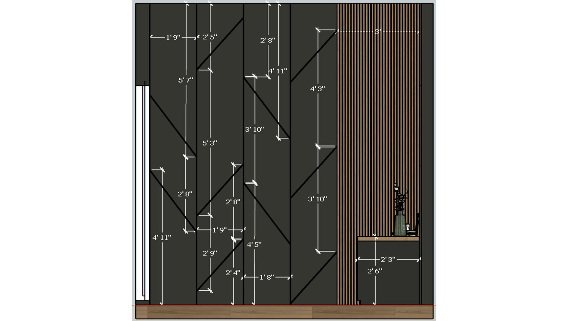 Compact lounge study with a gray sofa, computer desk, sheer curtains, and dramatic dark feature walls.