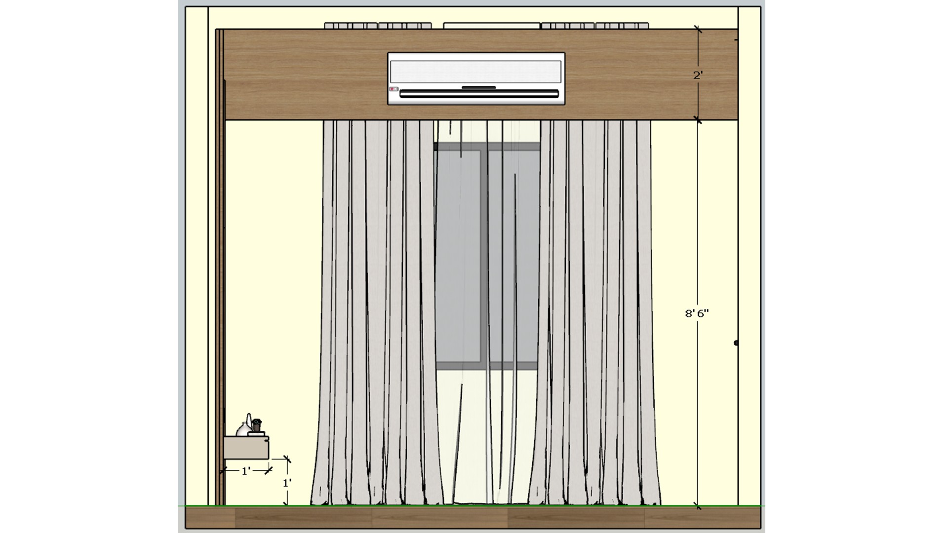 Master bedroom render with pale bedding, arched timber headboard, television console, and full height curtains.