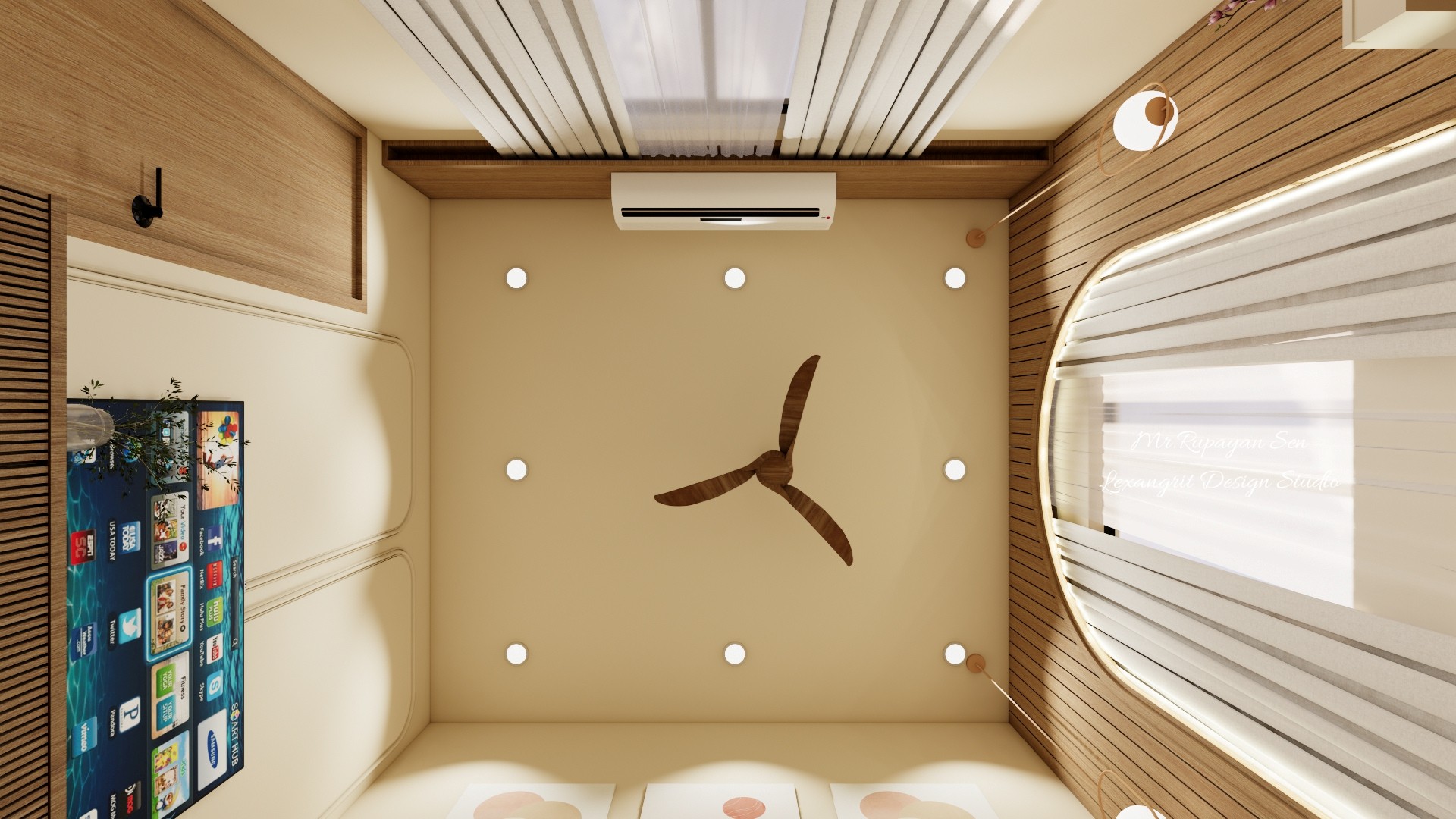 Reverse master bedroom view with the bed, television wall, curved timber feature, full length curtains, and rug.