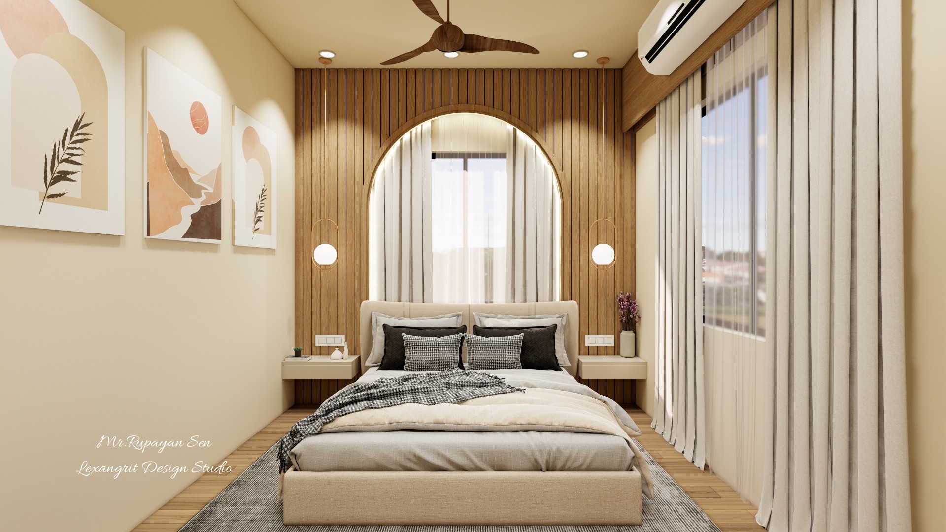Bedroom elevation with a window, long curtains, a timber pelmet, and a wall mounted air conditioner.